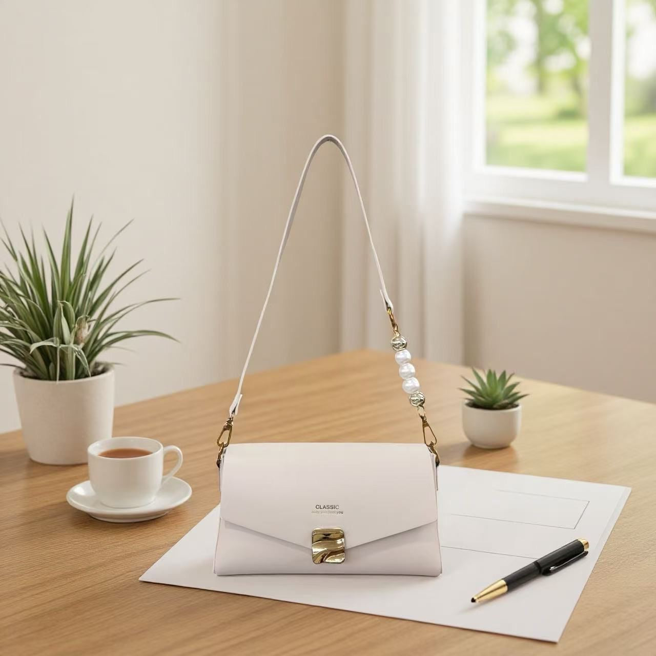 Classic premium shoulder pearl sling bag with long strap and boxed Packaging | GLITZY
