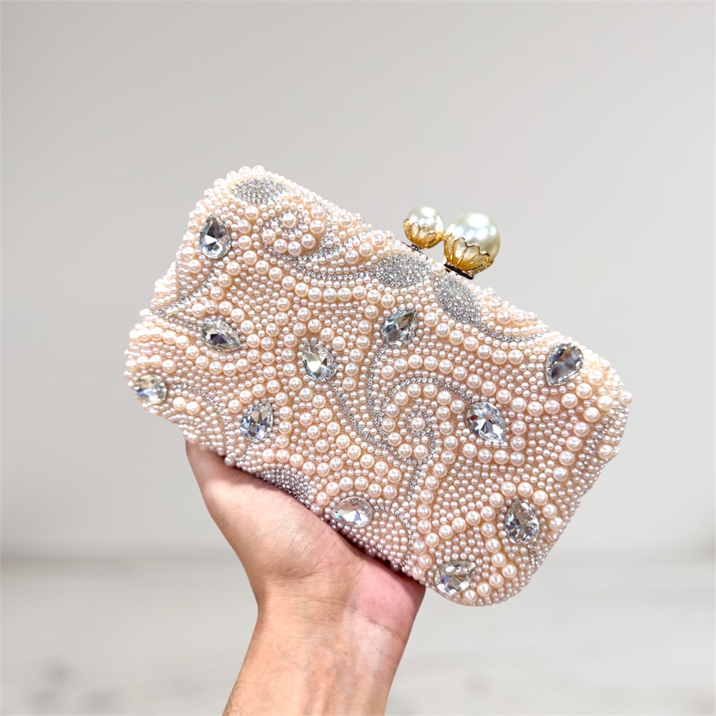Beautiful big stone worked pearl design party clutch