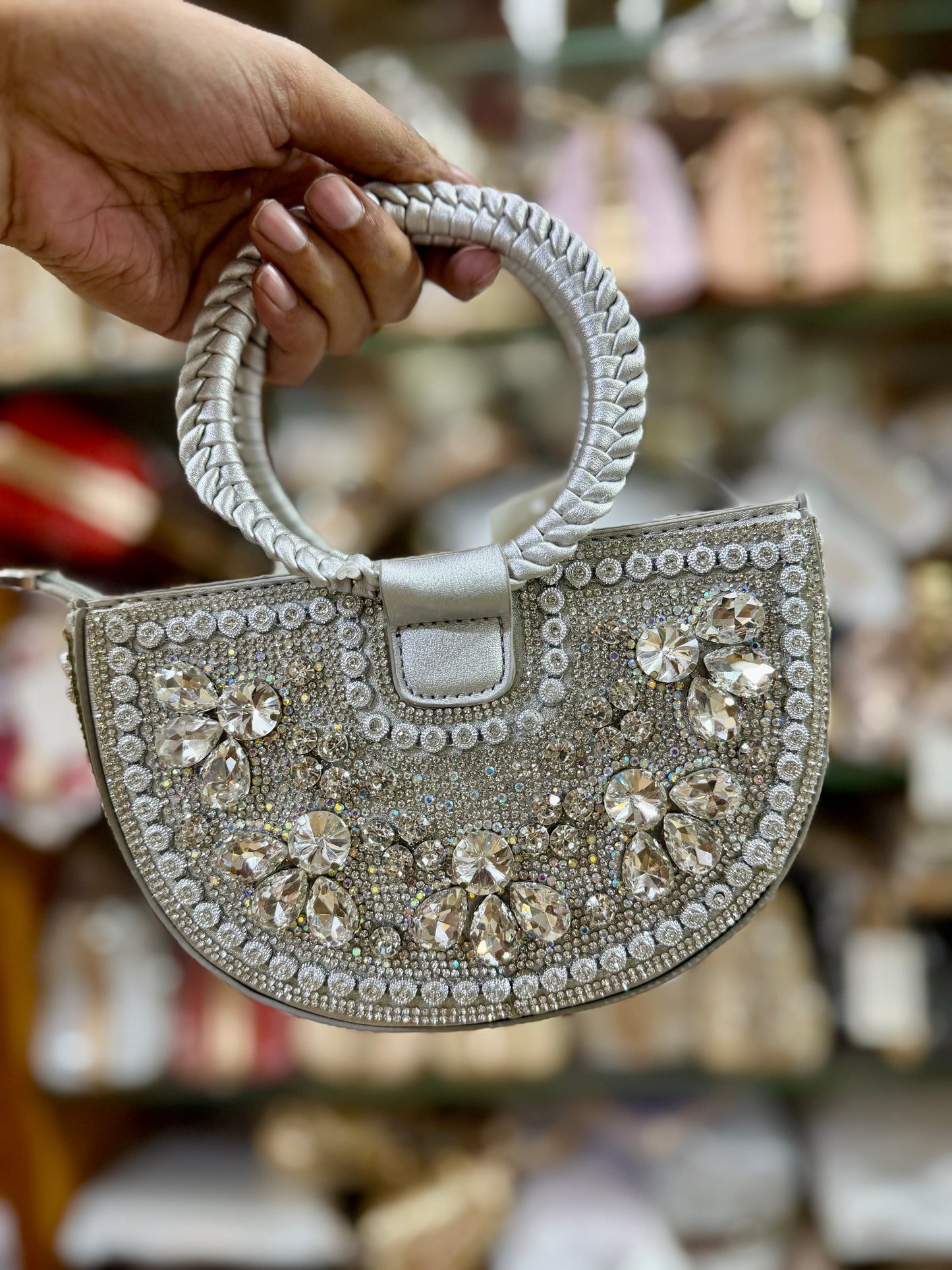 Gorgeous half moon shaped exclusive party hand bag