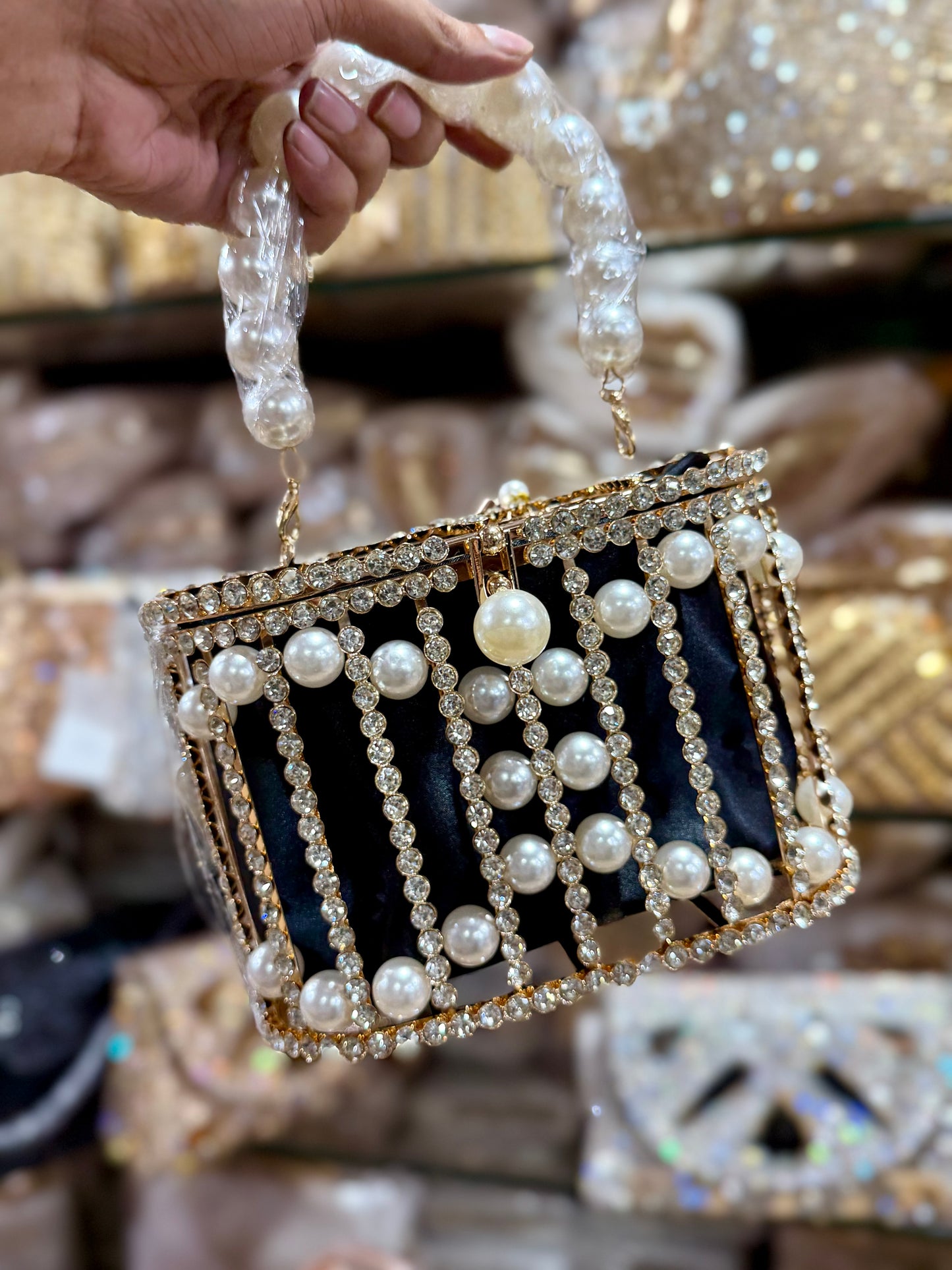 Diamonds Basket Evening Clutch Bags Women Luxury Hollow Out Pearl Beaded Metallic Cage Handbags Ladies Wedding Party Purse