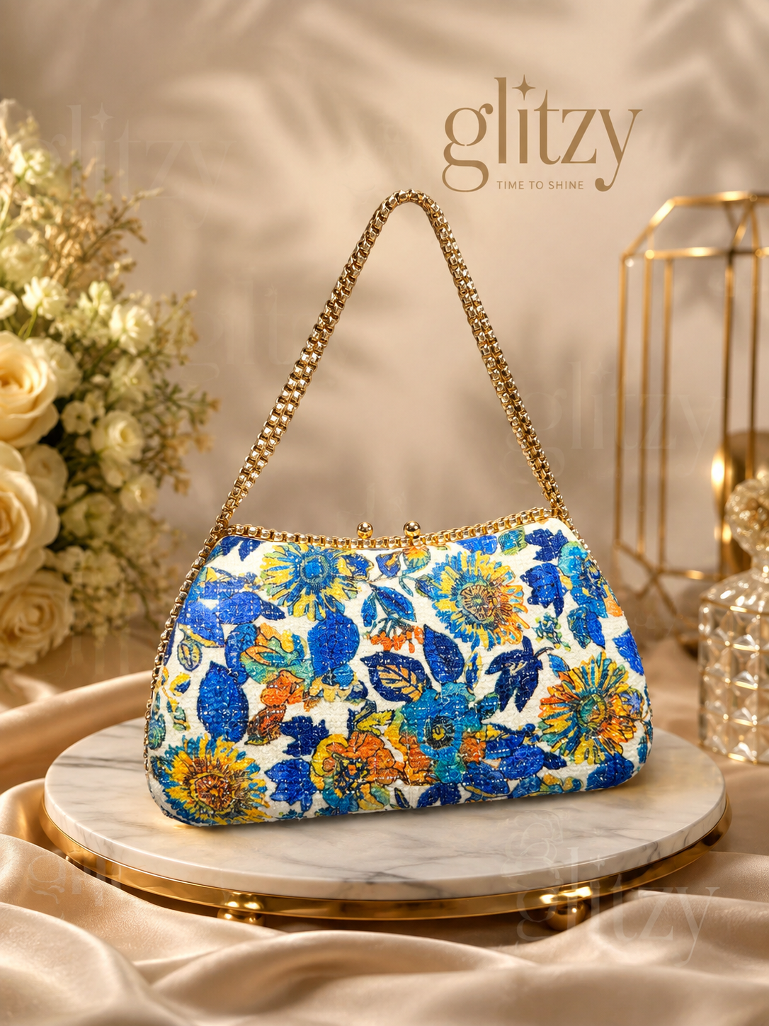Glitzy Floral Embellished Evening Clutch.