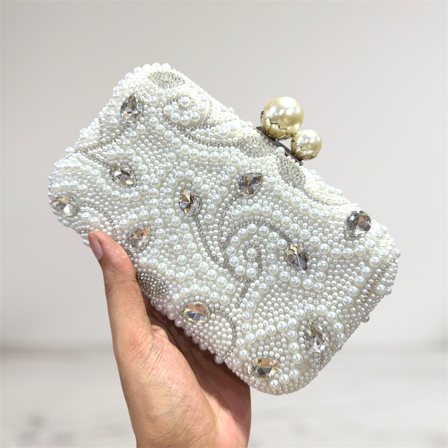 Beautiful big stone worked pearl design party clutch