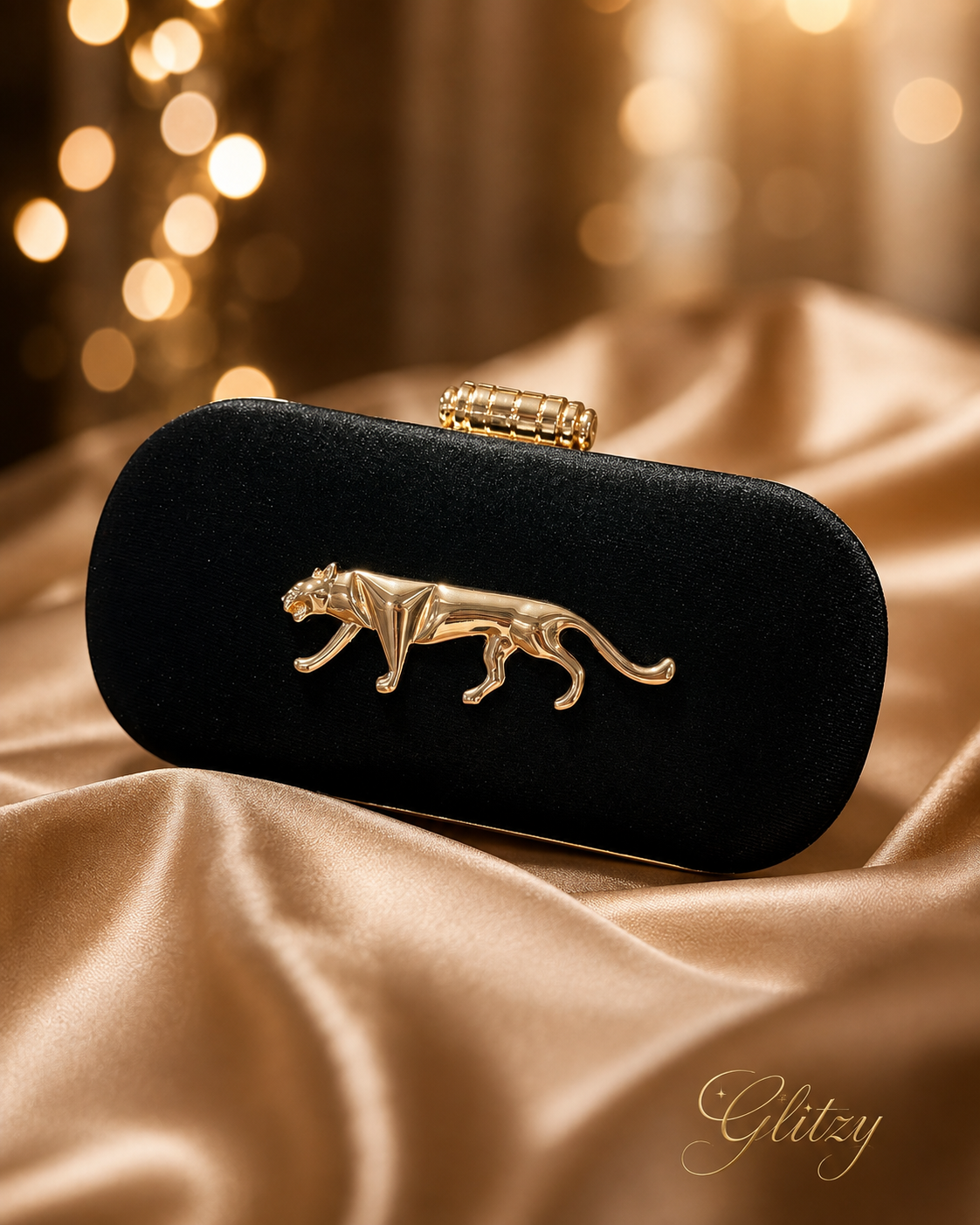 ⁠Luxury Velvet finished Panther Emblem Evening Clutch with Gold Clasp⁠