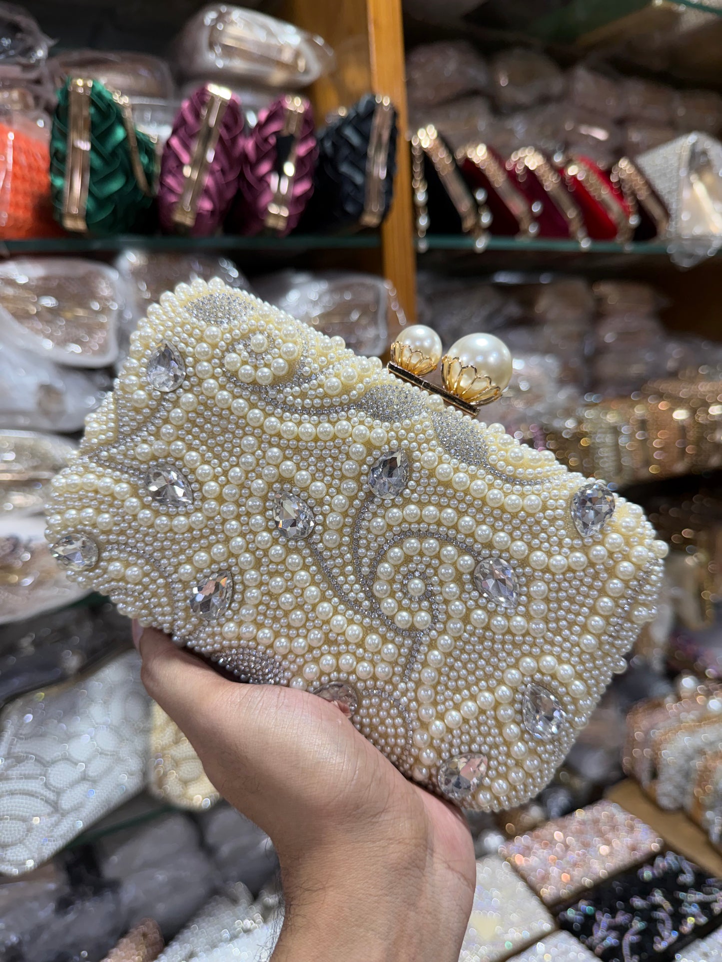 Beautiful big stone worked pearl design party clutch