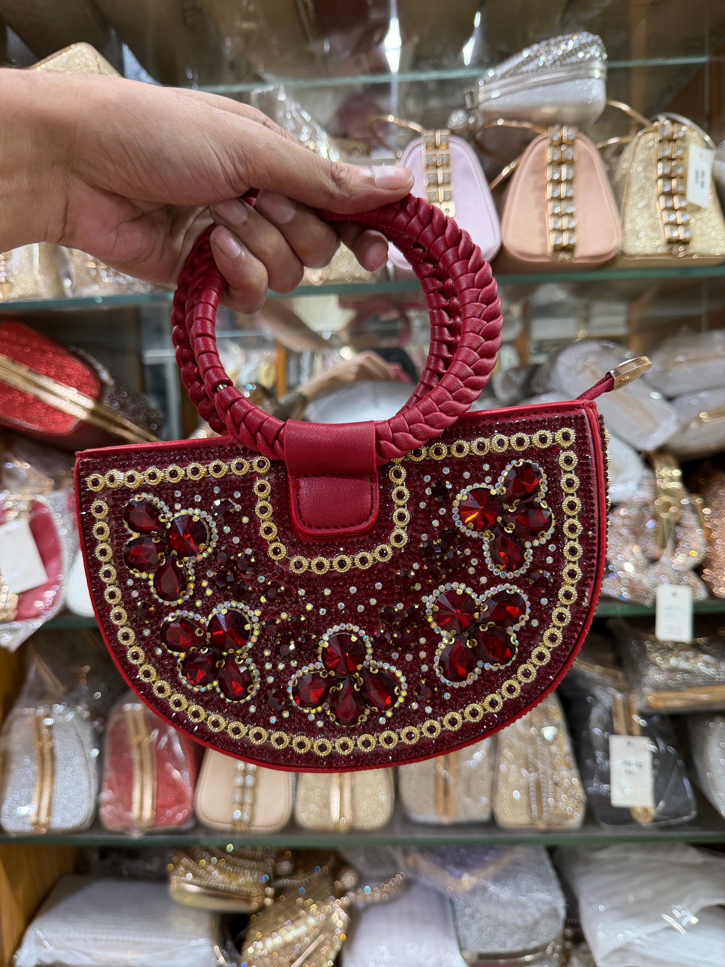 Gorgeous half moon shaped exclusive party hand bag