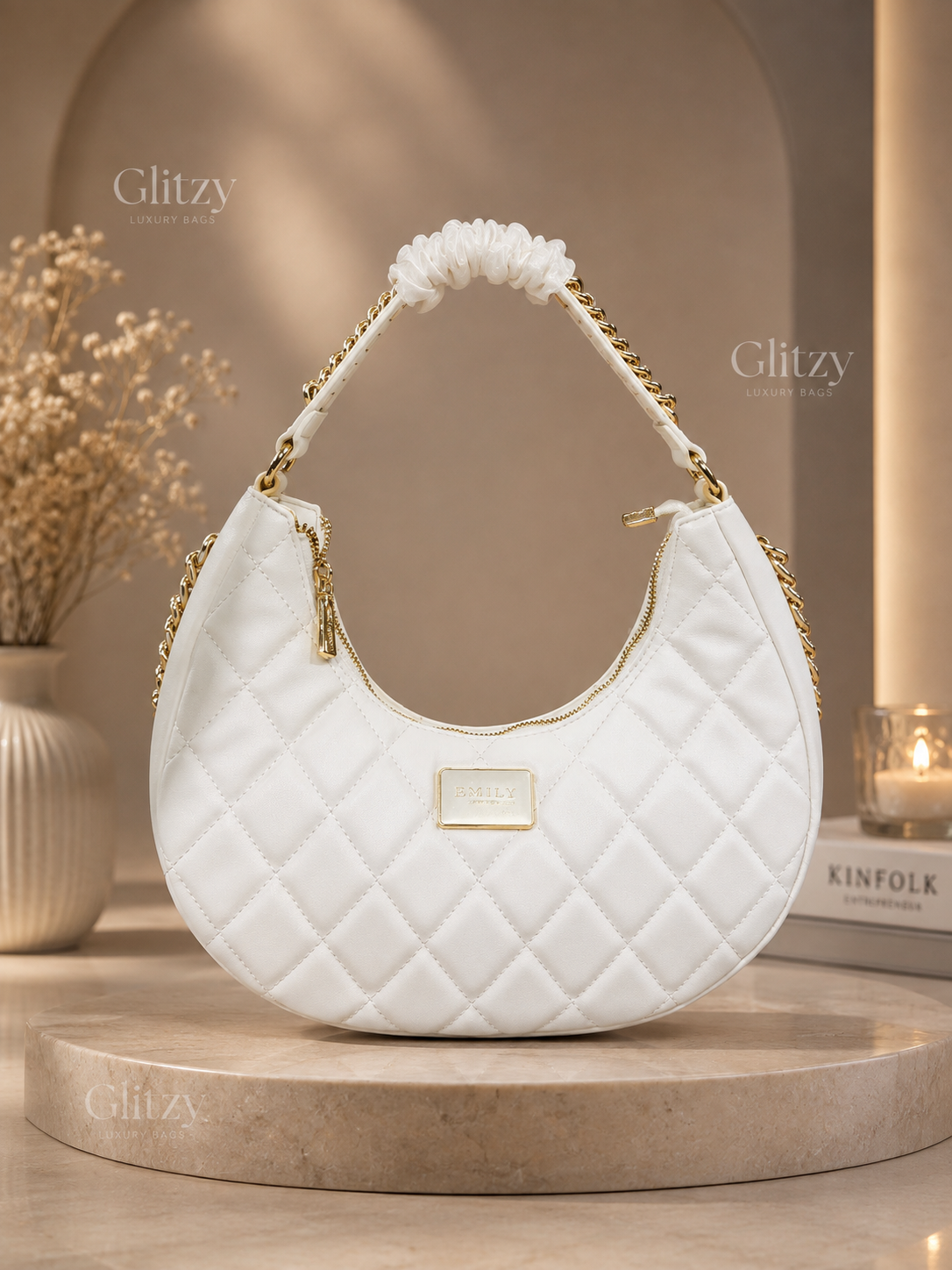 Emily Loran Quilted Crescent Hobo Shoulder Bag with Gold Chain Strap | glitzy