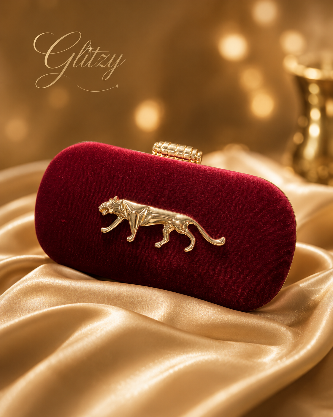 ⁠Luxury Velvet finished Panther Emblem Evening Clutch with Gold Clasp⁠