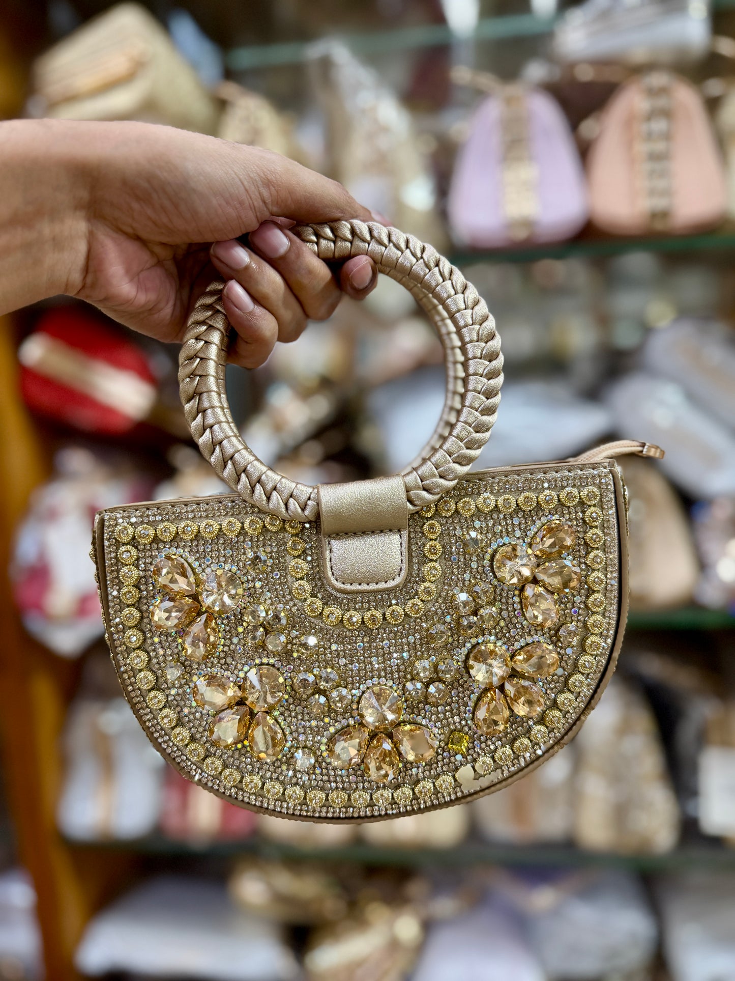 Gorgeous half moon shaped exclusive party hand bag