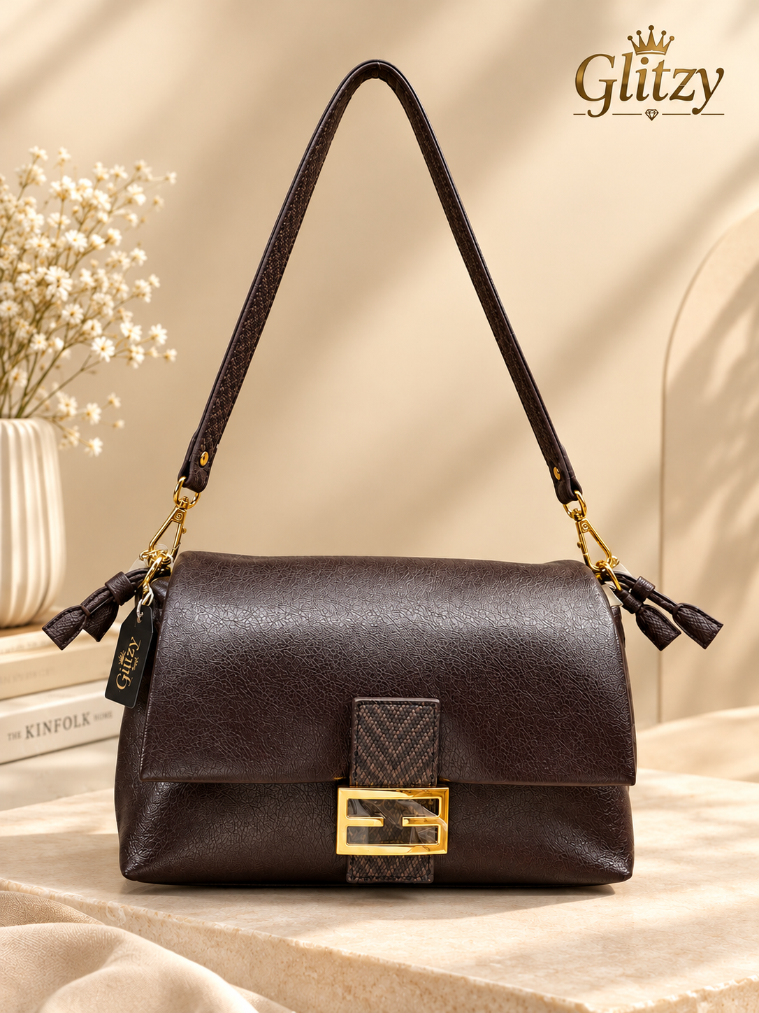 Elegance Premium Brown Leather Flap Bag | Glitzy