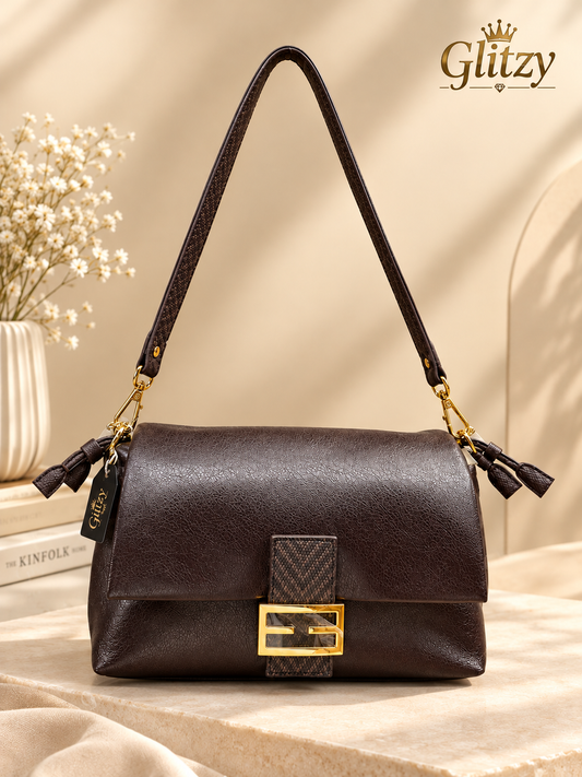 Elegance Premium Brown Leather Flap Bag | Glitzy