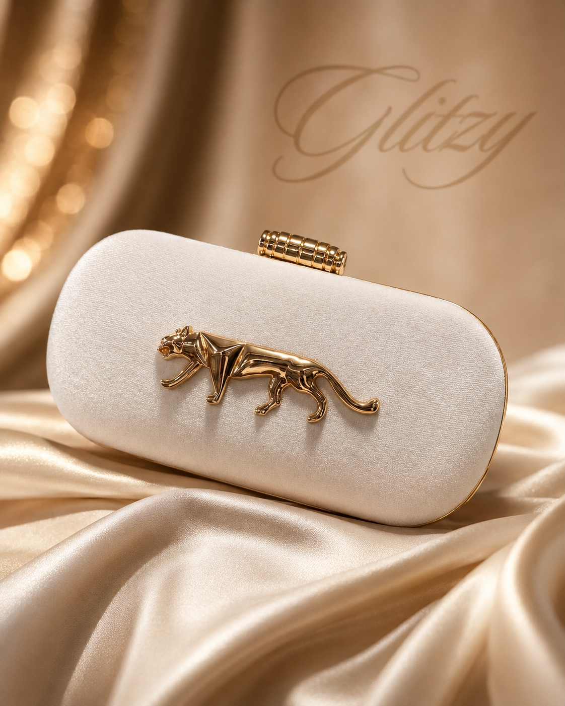 ⁠Luxury Velvet finished Panther Emblem Evening Clutch with Gold Clasp⁠