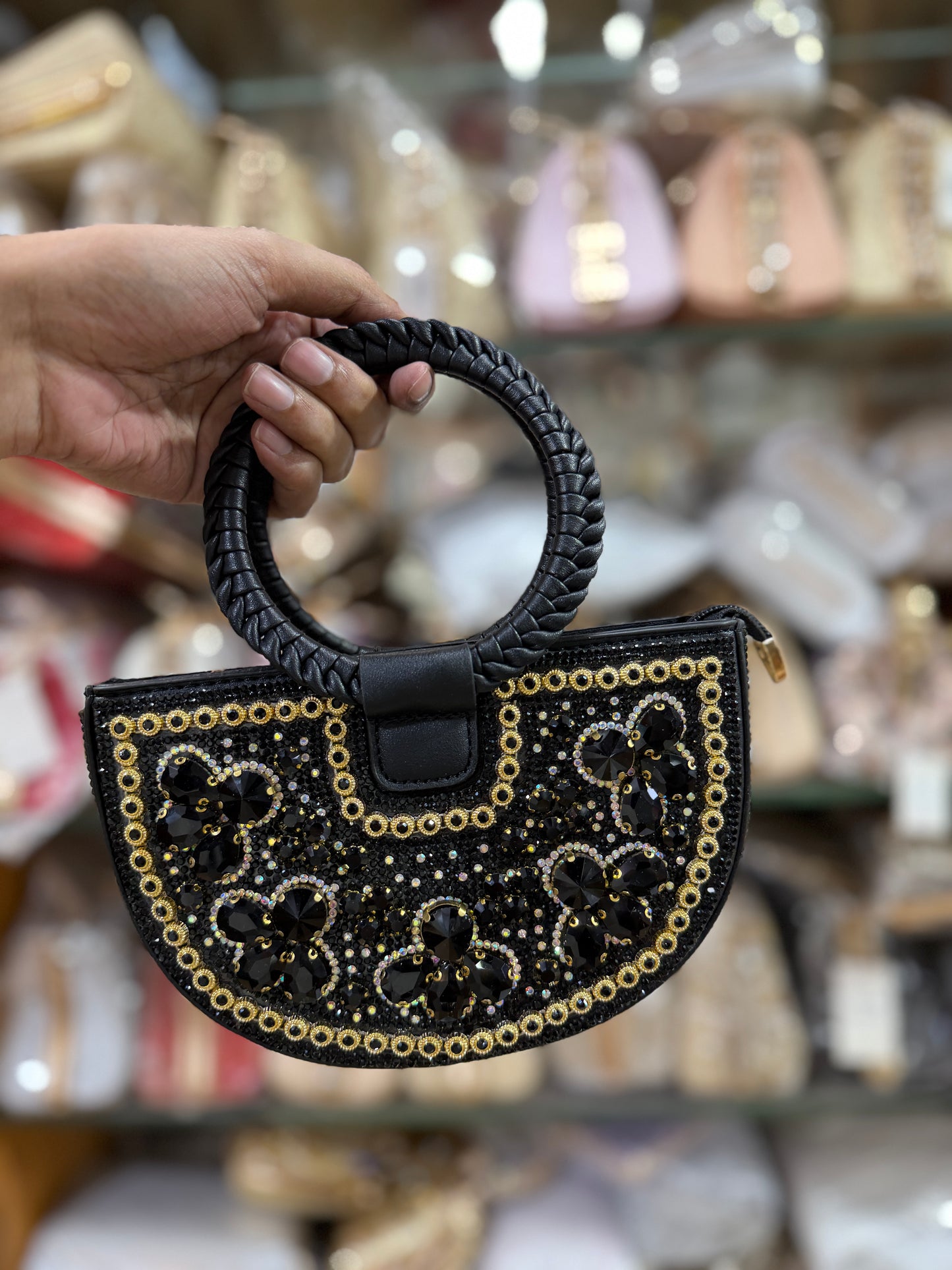 Gorgeous half moon shaped exclusive party hand bag