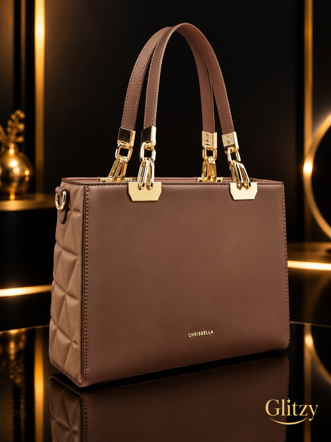 CHRISBELLA Structured Shoulder Tote – Quilted Sides & Gold Hardware Accent