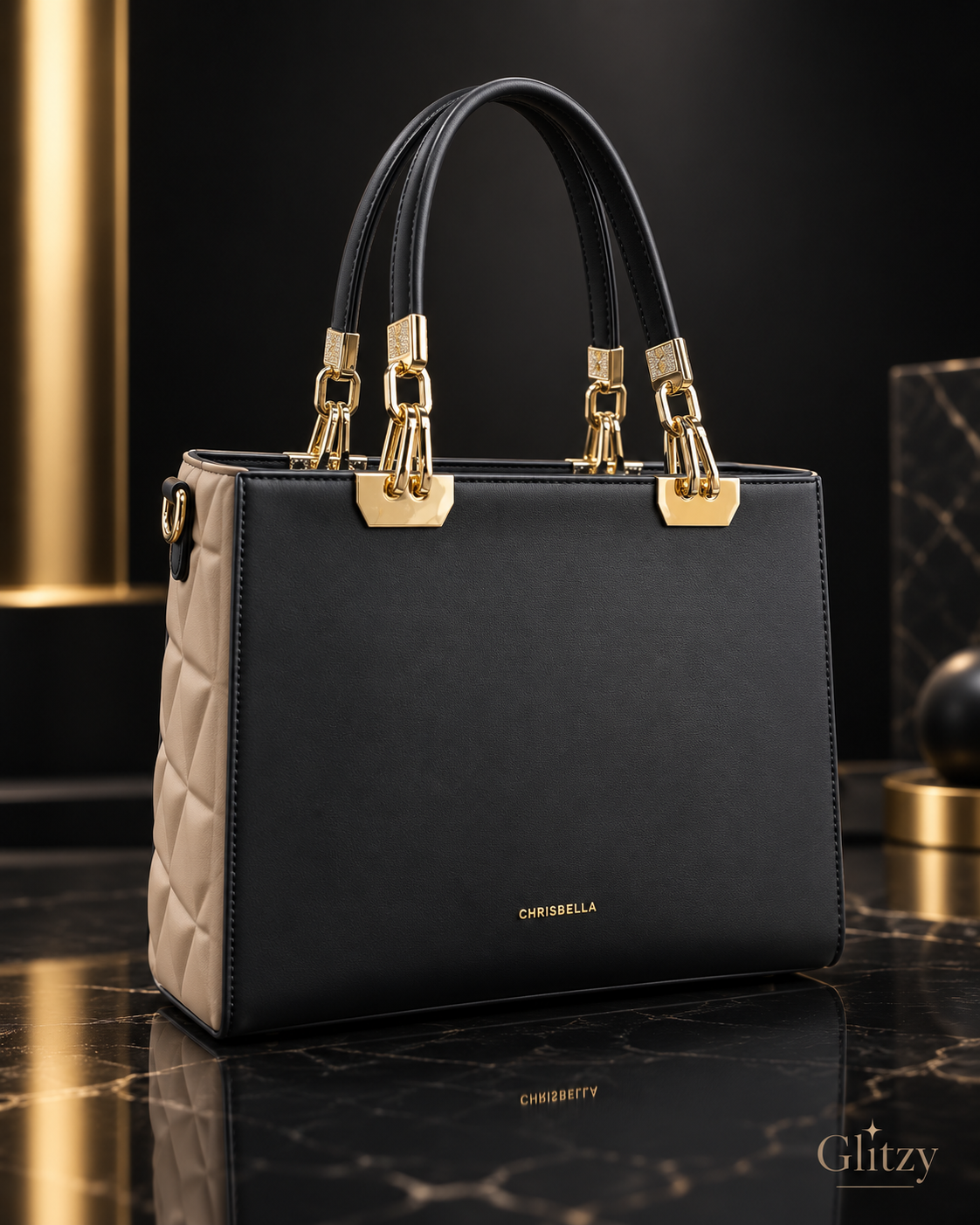 CHRISBELLA Structured Shoulder Tote – Quilted Sides & Gold Hardware Accent