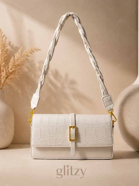 fashionable shoulder bag with twisted short belt and long strap. | white