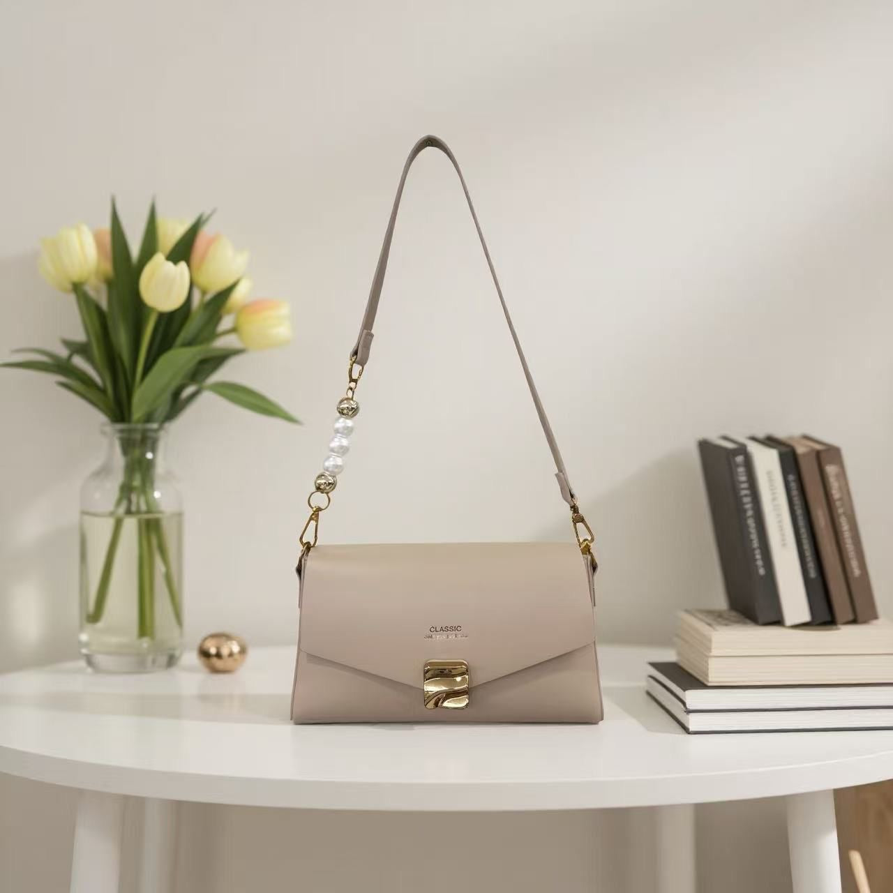Classic premium shoulder pearl sling bag with long strap and boxed Packaging | GLITZY