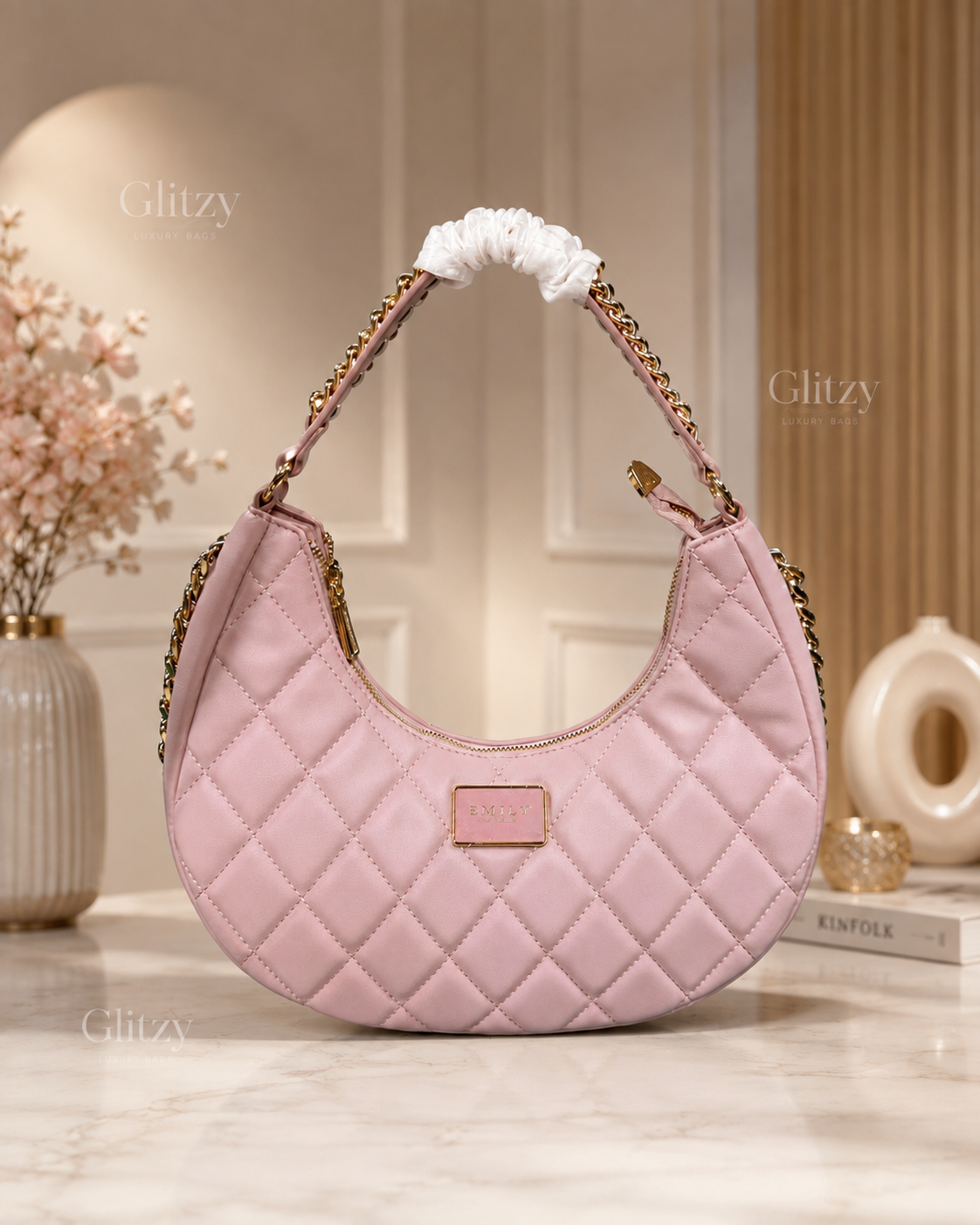Emily Loran Quilted Crescent Hobo Shoulder Bag with Gold Chain Strap | glitzy