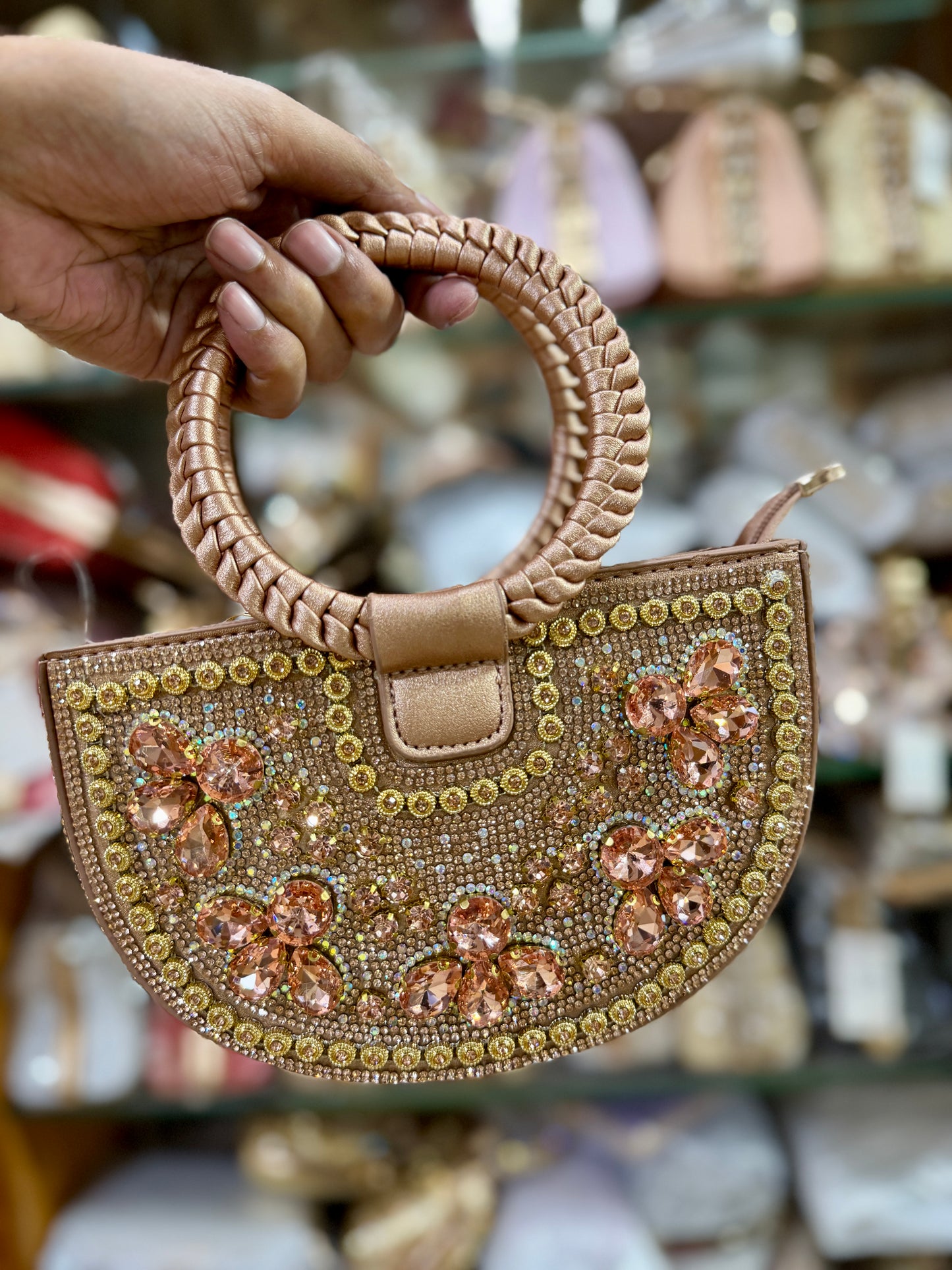 Gorgeous half moon shaped exclusive party hand bag