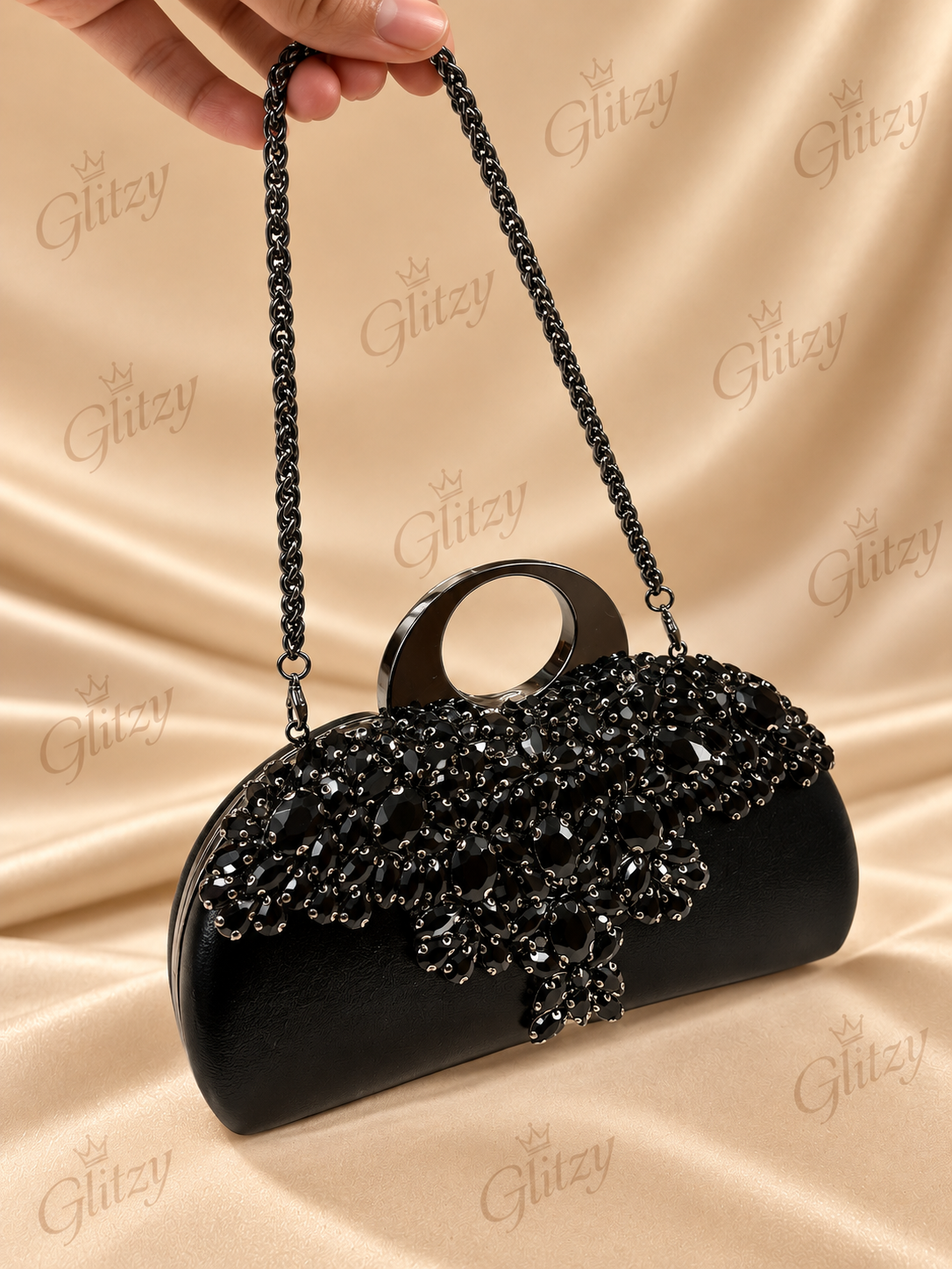 Glamorous Rhinestone Embellished Silver Clutch & Shoulder Bag