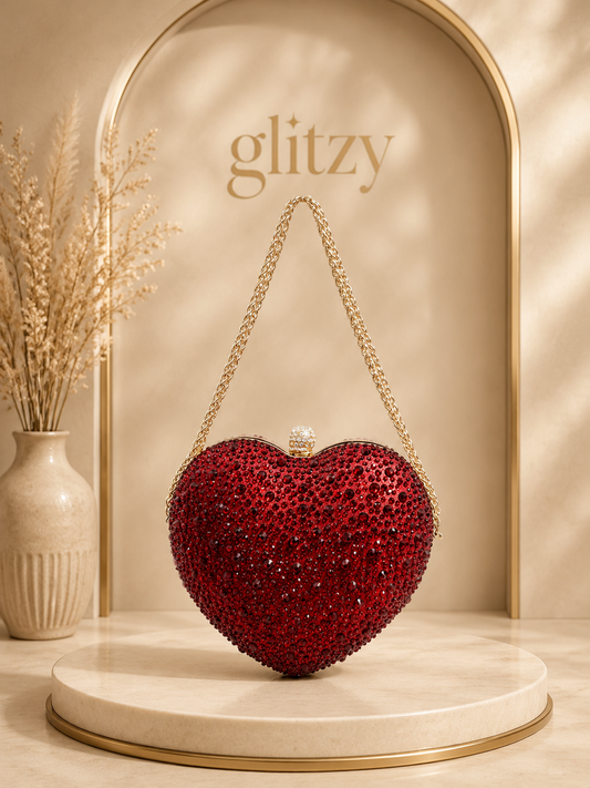 Medium size heart evening clutch both side matching shiny stone worked | Glitzy