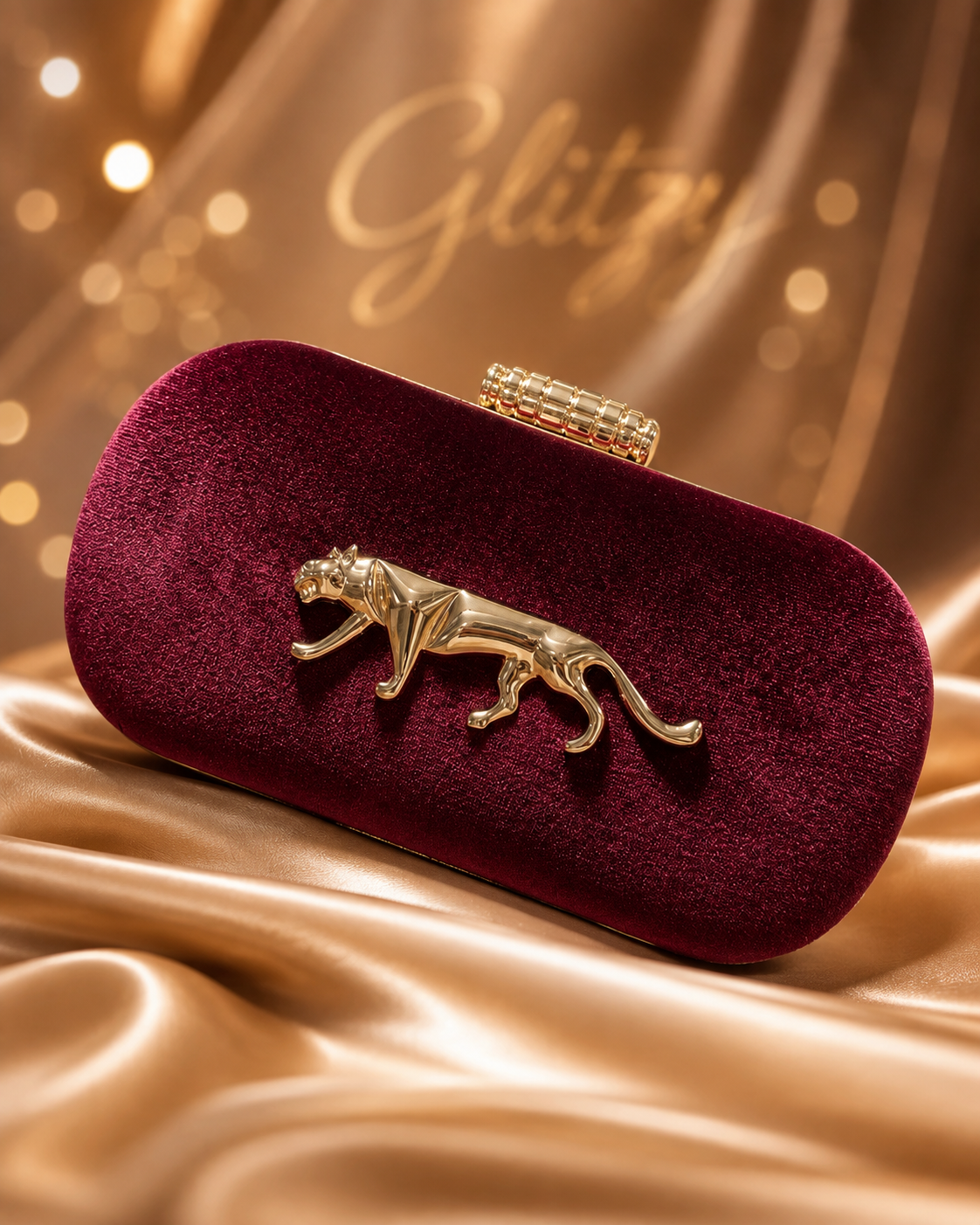 ⁠Luxury Velvet finished Panther Emblem Evening Clutch with Gold Clasp⁠