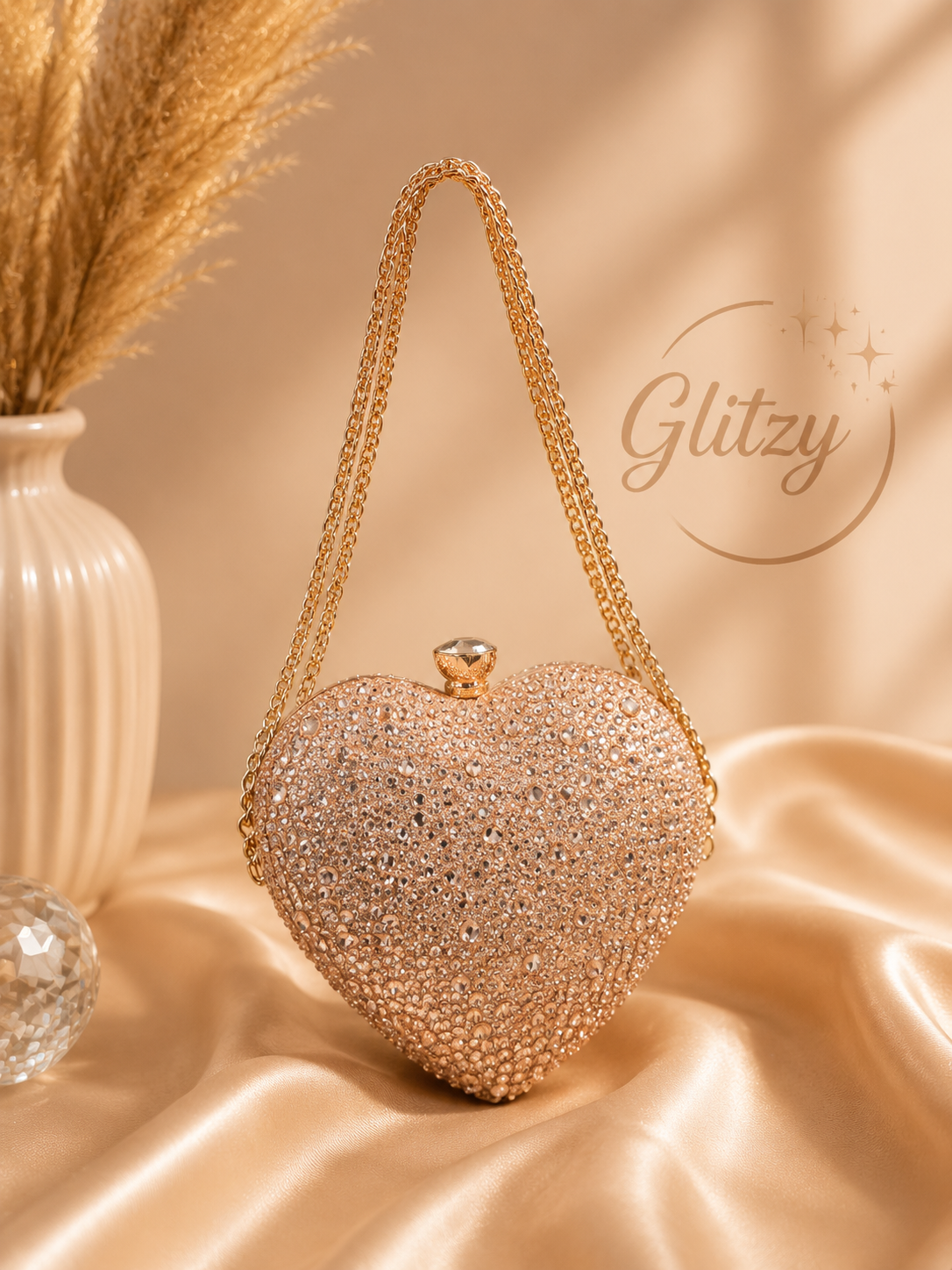 Mini heart clutch both side matching shiny stone worked | Glitzy