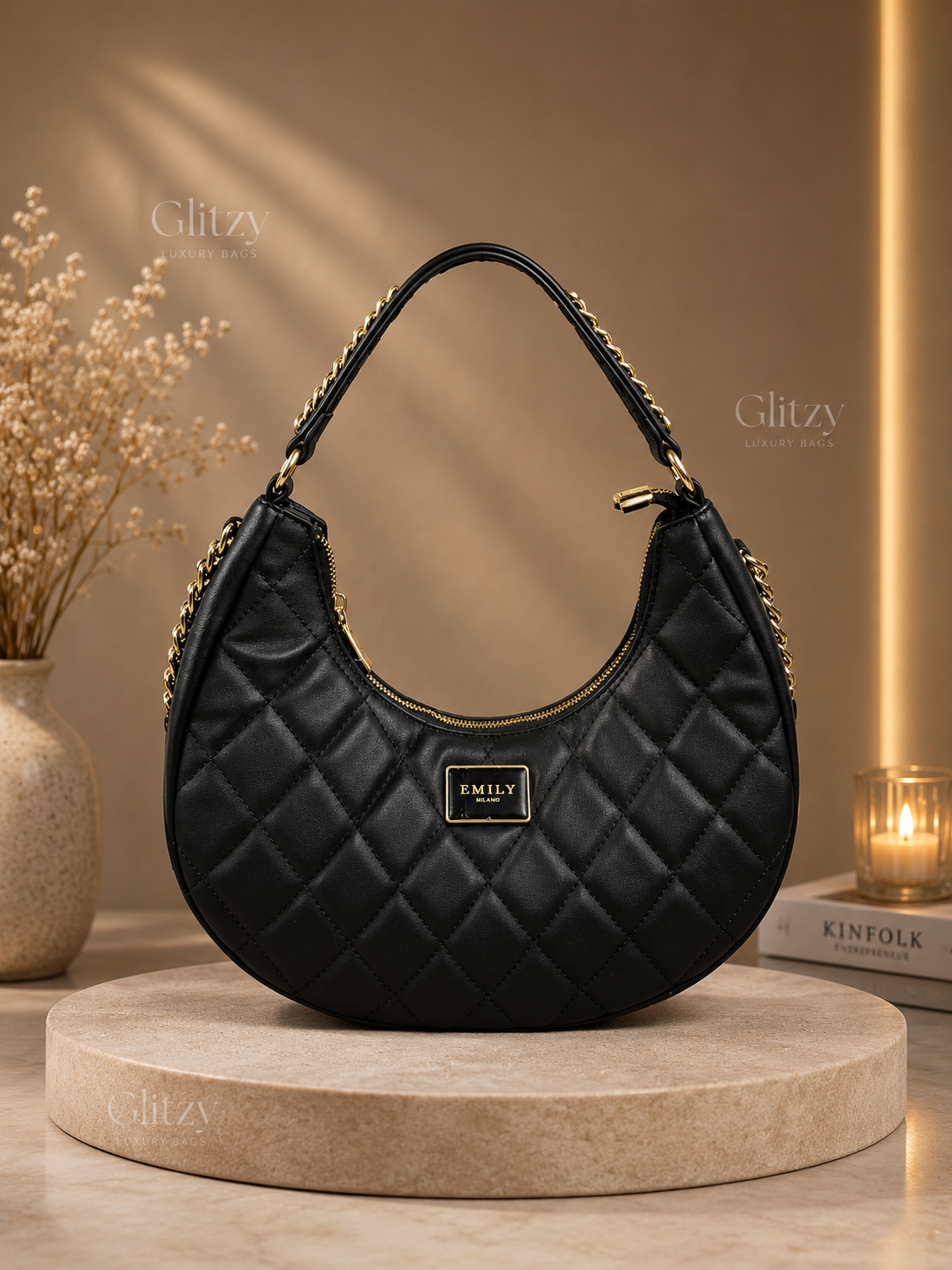 Emily Loran Quilted Crescent Hobo Shoulder Bag with Gold Chain Strap | glitzy