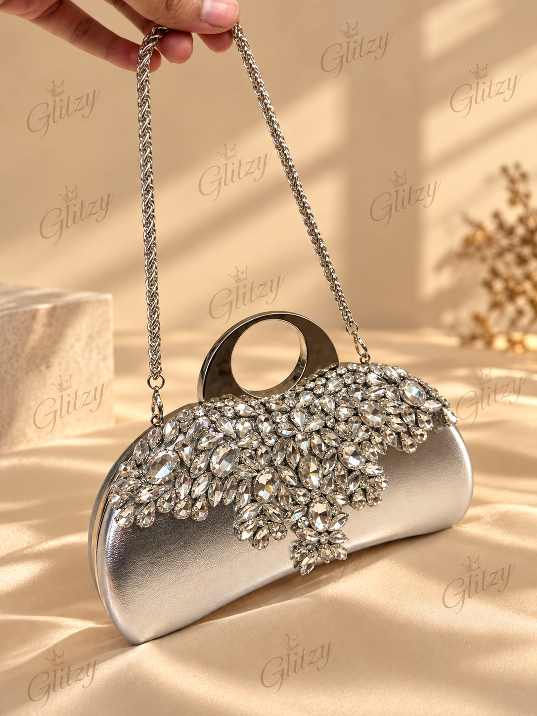 Glamorous Rhinestone Embellished Silver Clutch & Shoulder Bag