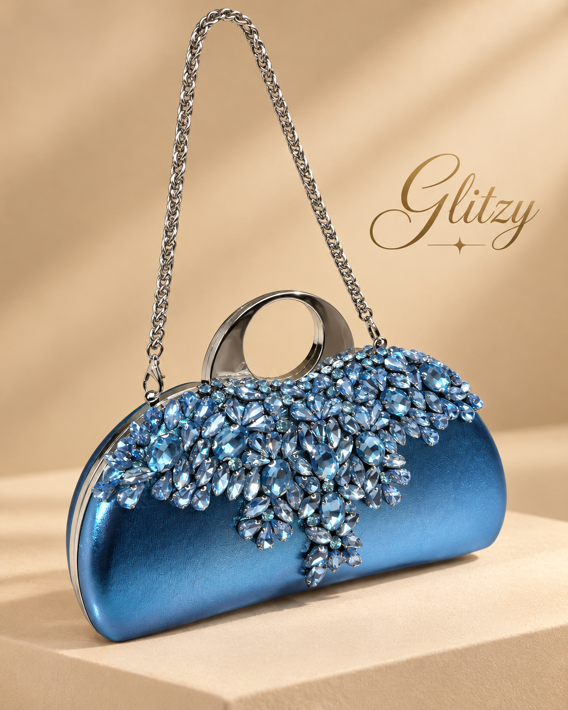 Glamorous Rhinestone Embellished Silver Clutch & Shoulder Bag