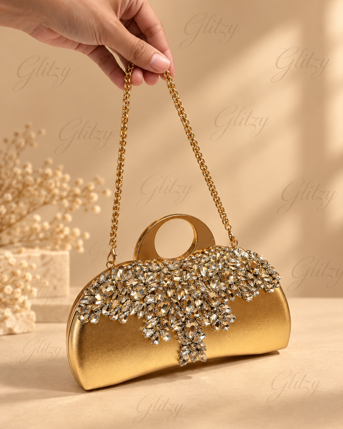 Glamorous Rhinestone Embellished Silver Clutch & Shoulder Bag