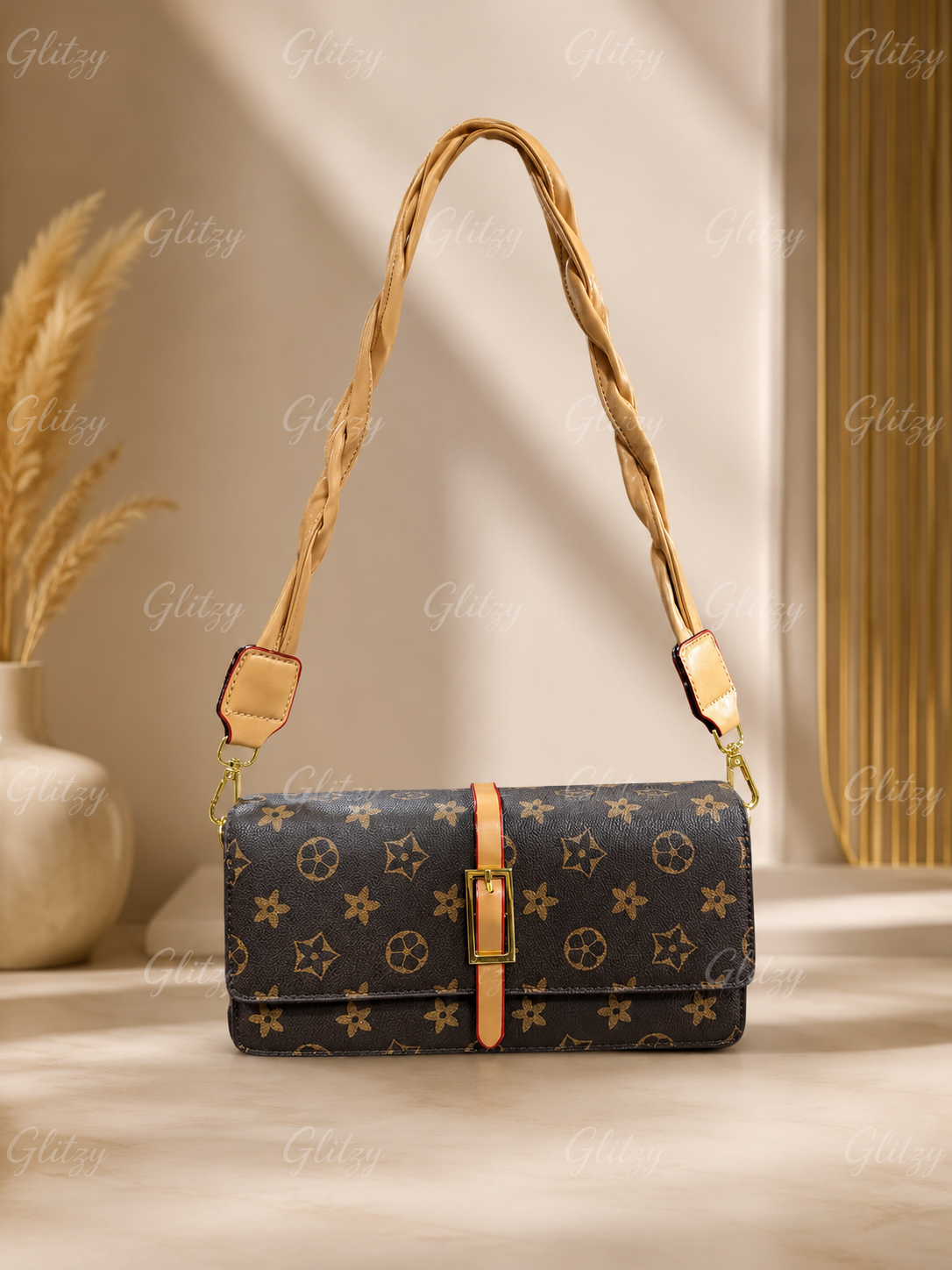 fashionable shoulder bag with twisted short belt and long strap. | khaki brown