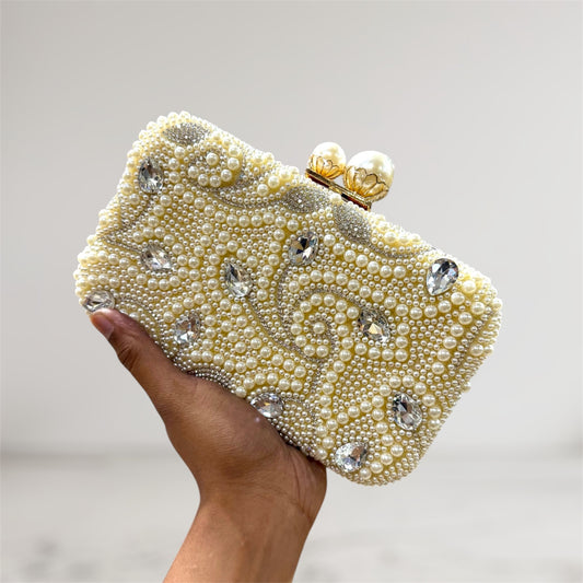 Beautiful big stone worked pearl design party clutch