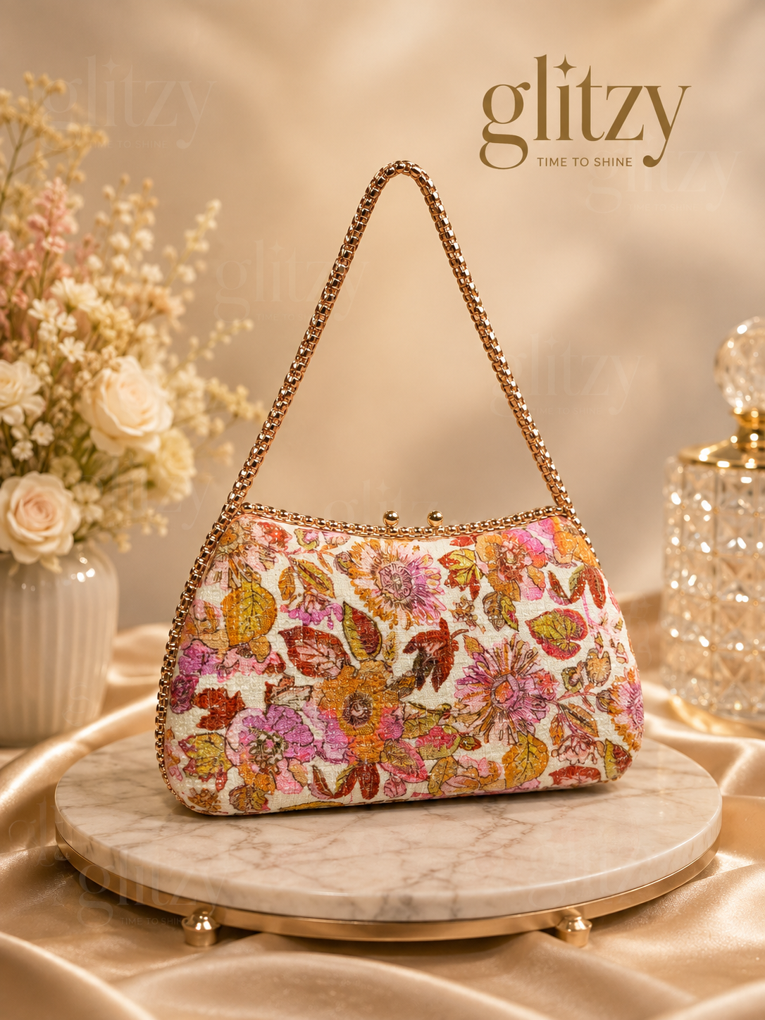 Glitzy Floral Embellished Evening Clutch.