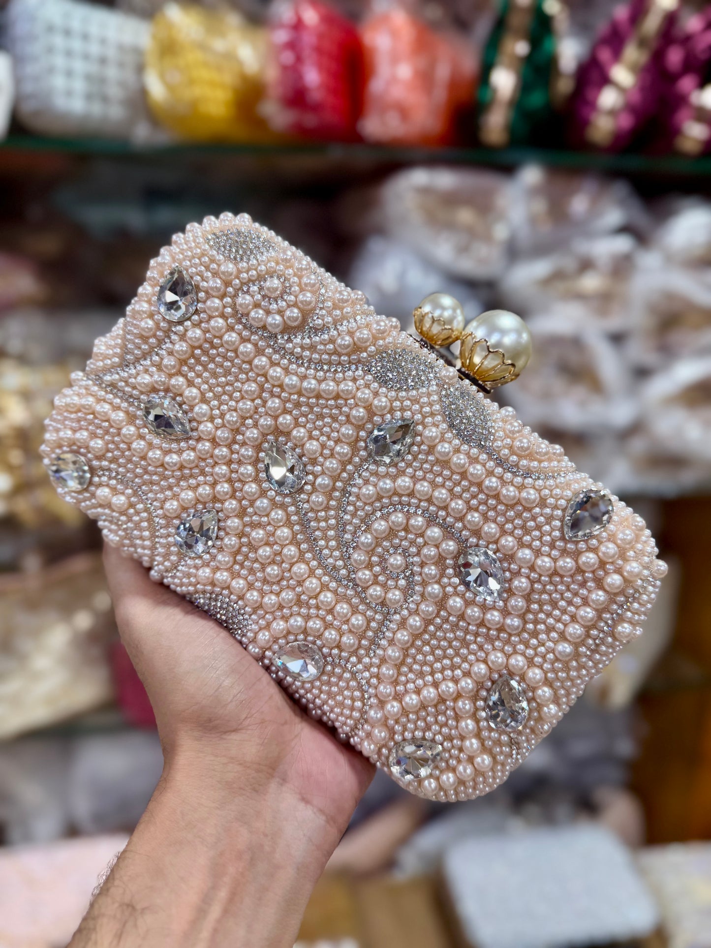 Beautiful big stone worked pearl design party clutch