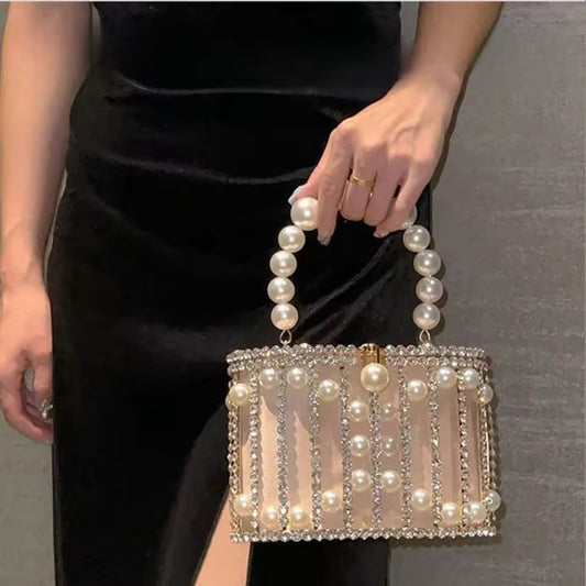 Diamonds Basket Evening Clutch Bags Women Luxury Hollow Out Pearl Beaded Metallic Cage Handbags Ladies Wedding Party Purse