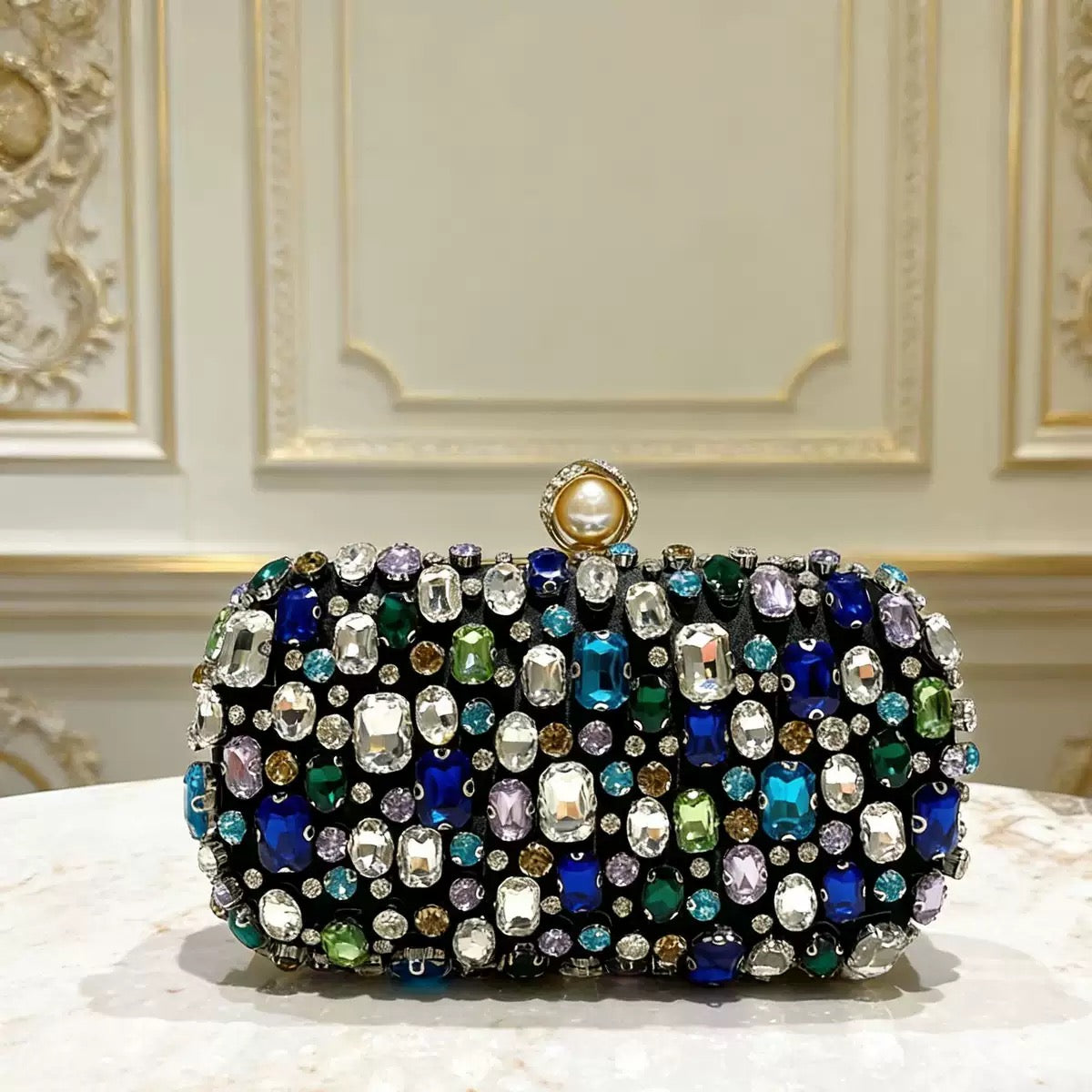 Ladies' evening bag, ladies' colored crystal evening bag - handmade diamond-studded evening bag with detachable chain