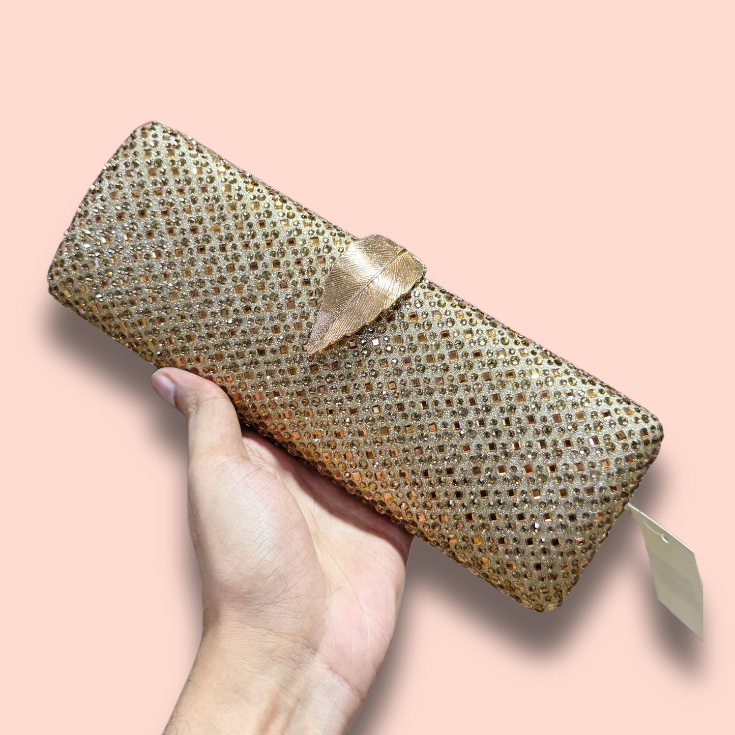 Gorgeous leaf lock design all over shiny mirror stone worked long clutch