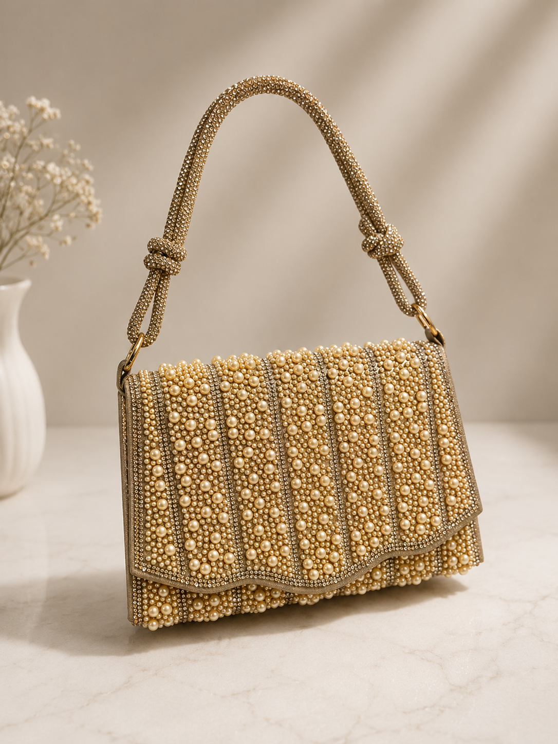 Gorgeous full pearl design party handbag with full stone worked handle