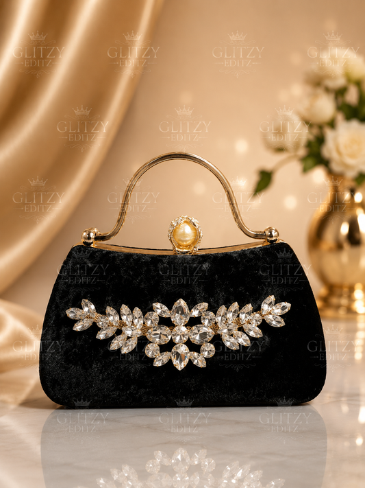 Beautiful velvet material and stone worked with handle attached party purse | Glitzy