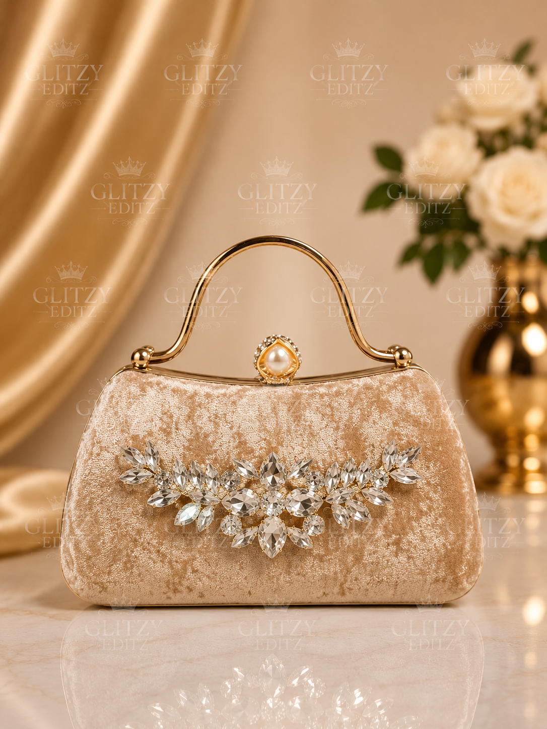 Beautiful velvet material and stone worked with handle attached party purse | Glitzy