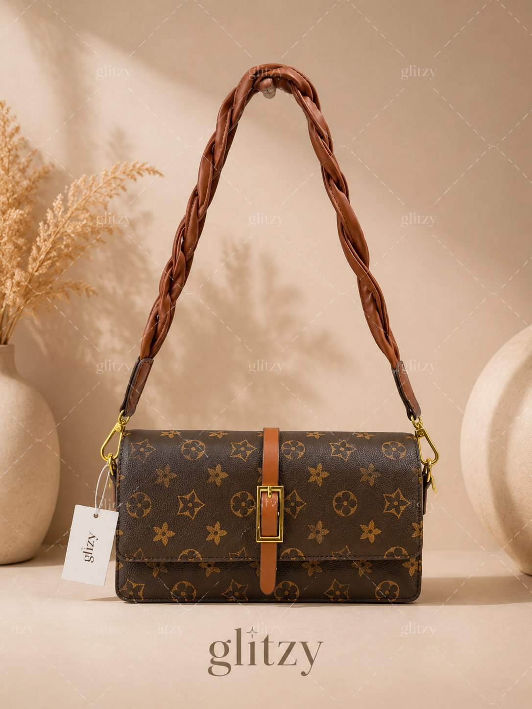 fashionable shoulder bag with twisted short belt and long strap. | coffee mono printed