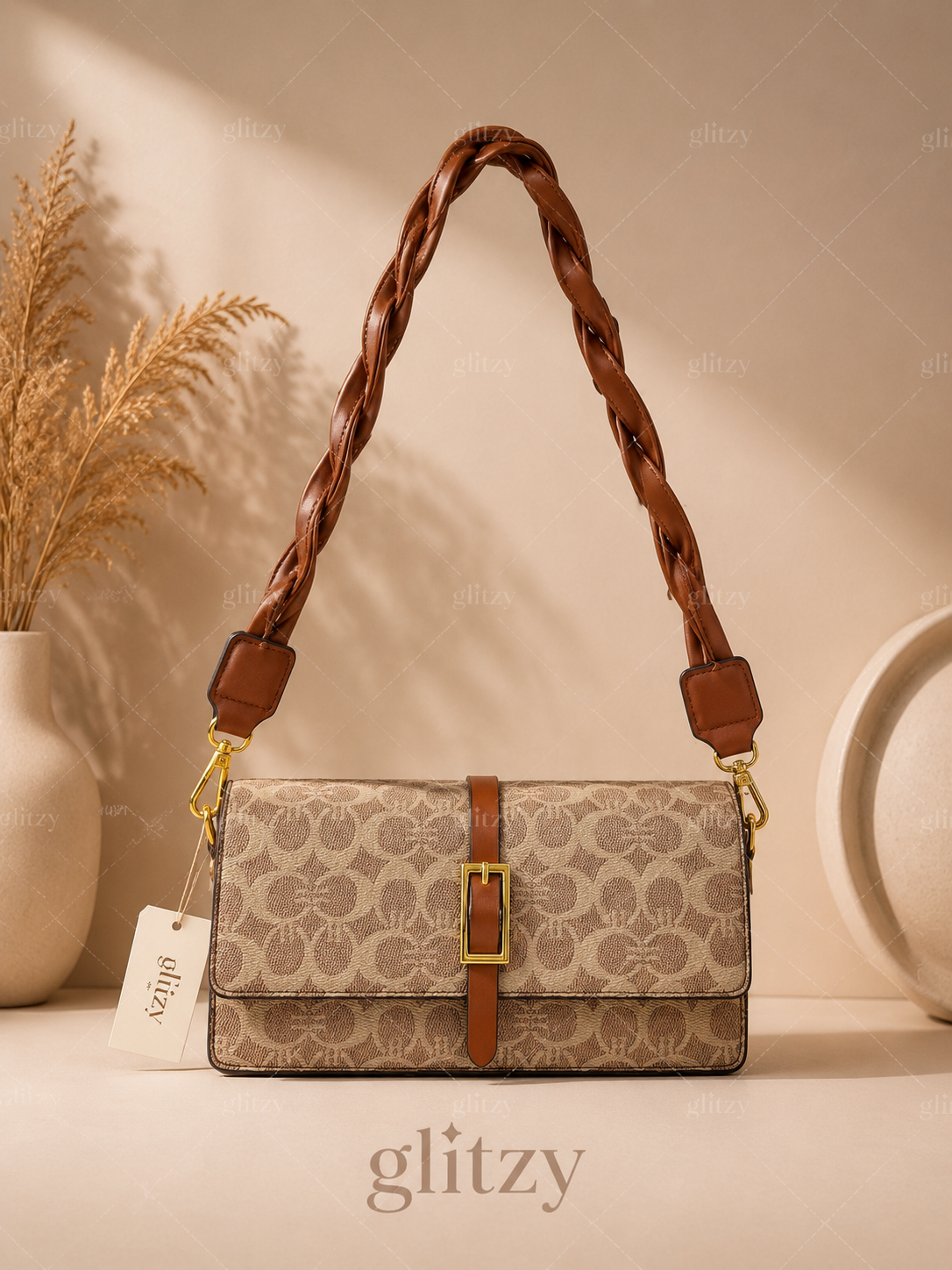 fashionable shoulder bag with twisted short belt and long strap. | Brown