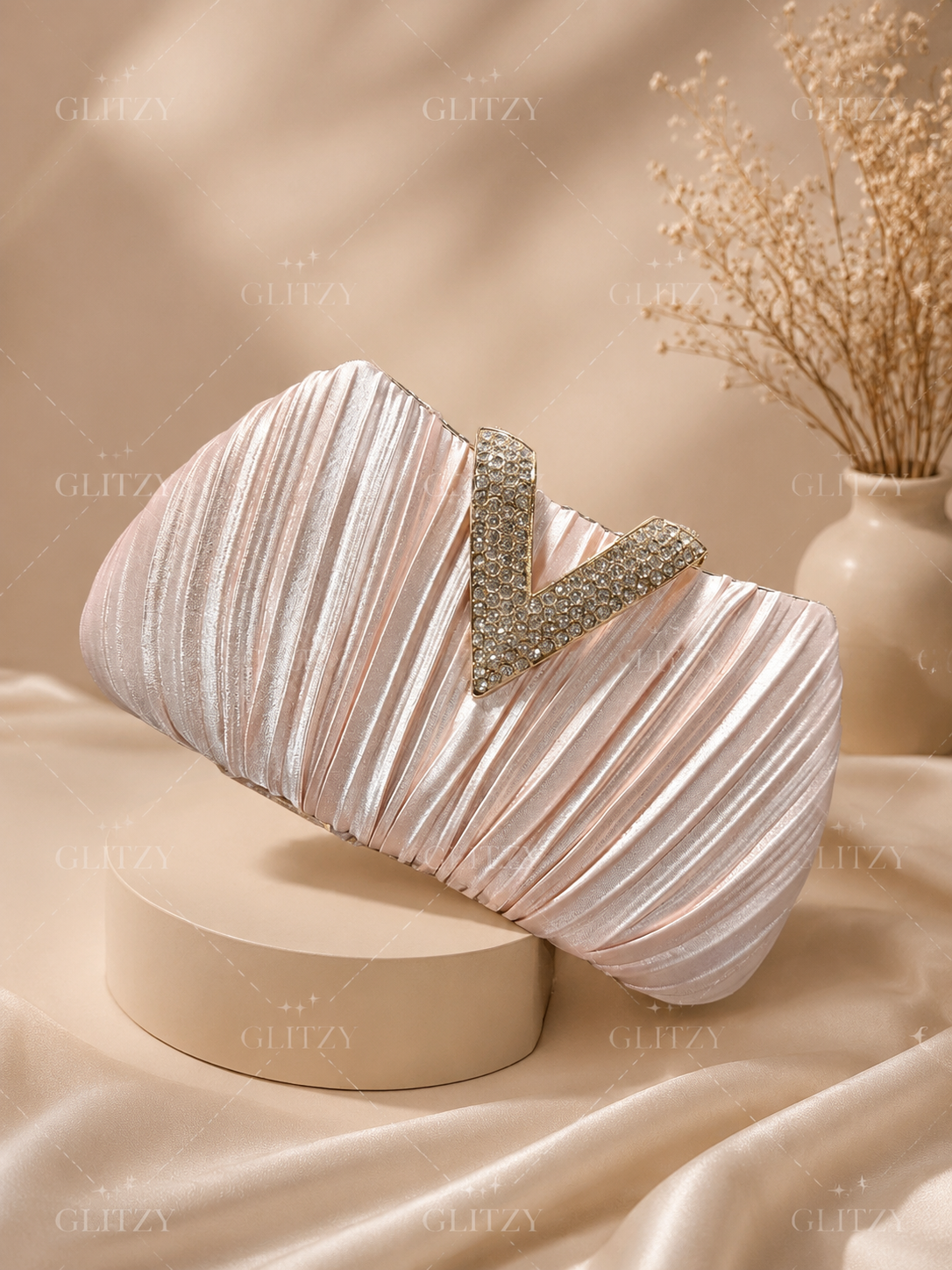 Beautiful satin material design and stone worked lock party purse