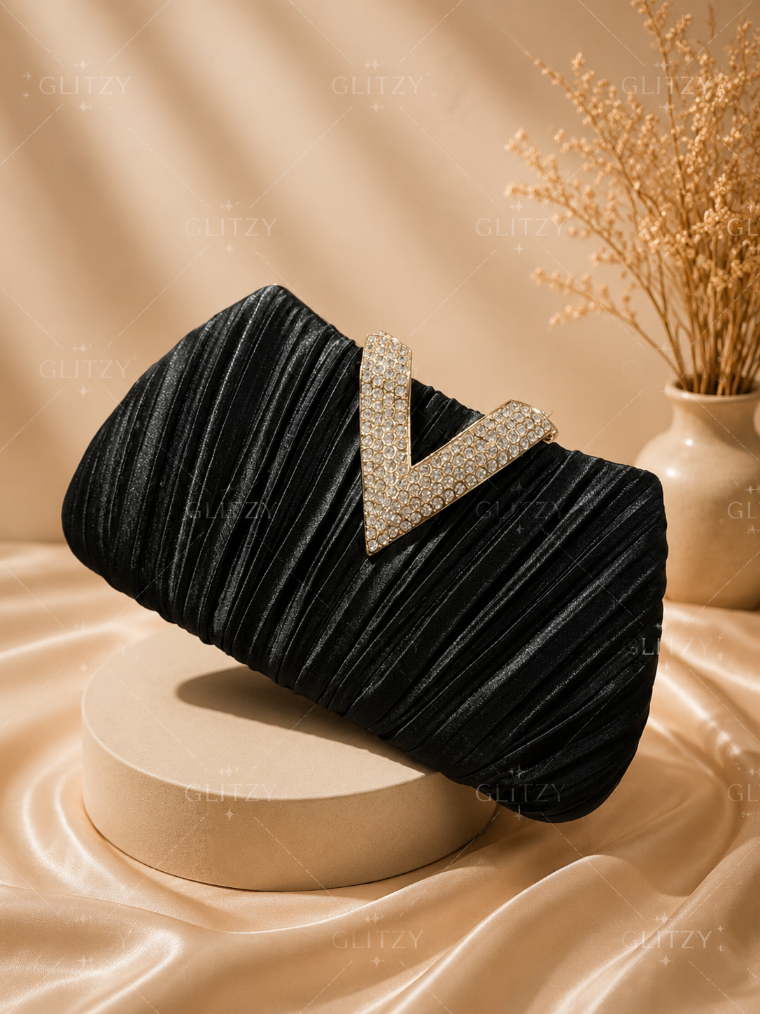 Beautiful satin material design and stone worked lock party purse