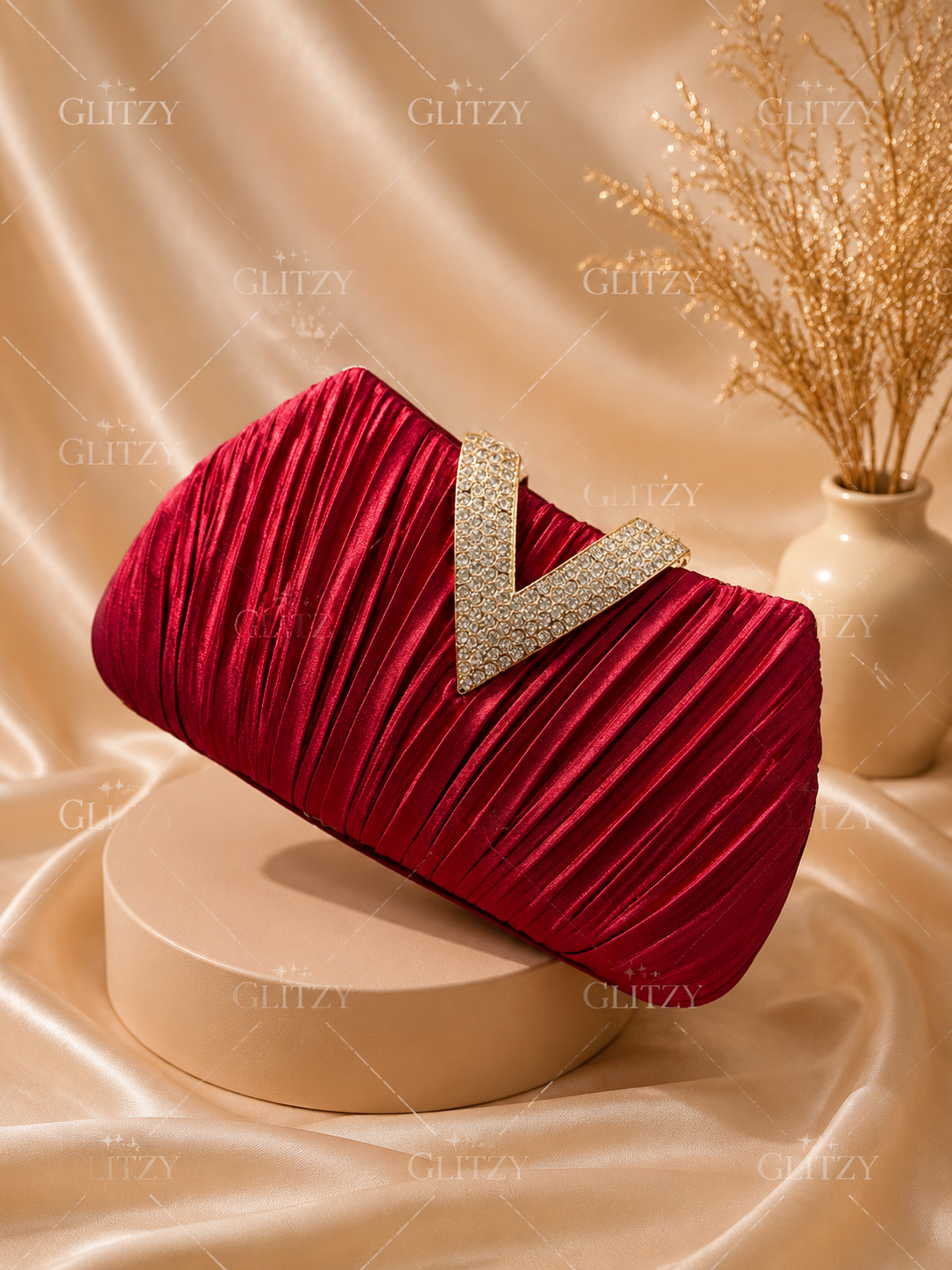 Beautiful satin material design and stone worked lock party purse