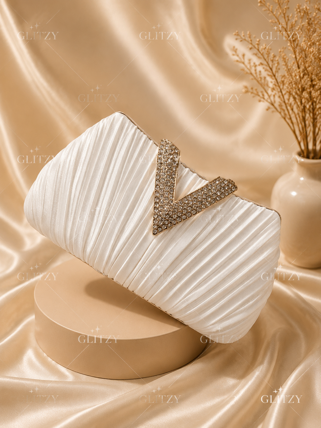 Beautiful satin material design and stone worked lock party purse