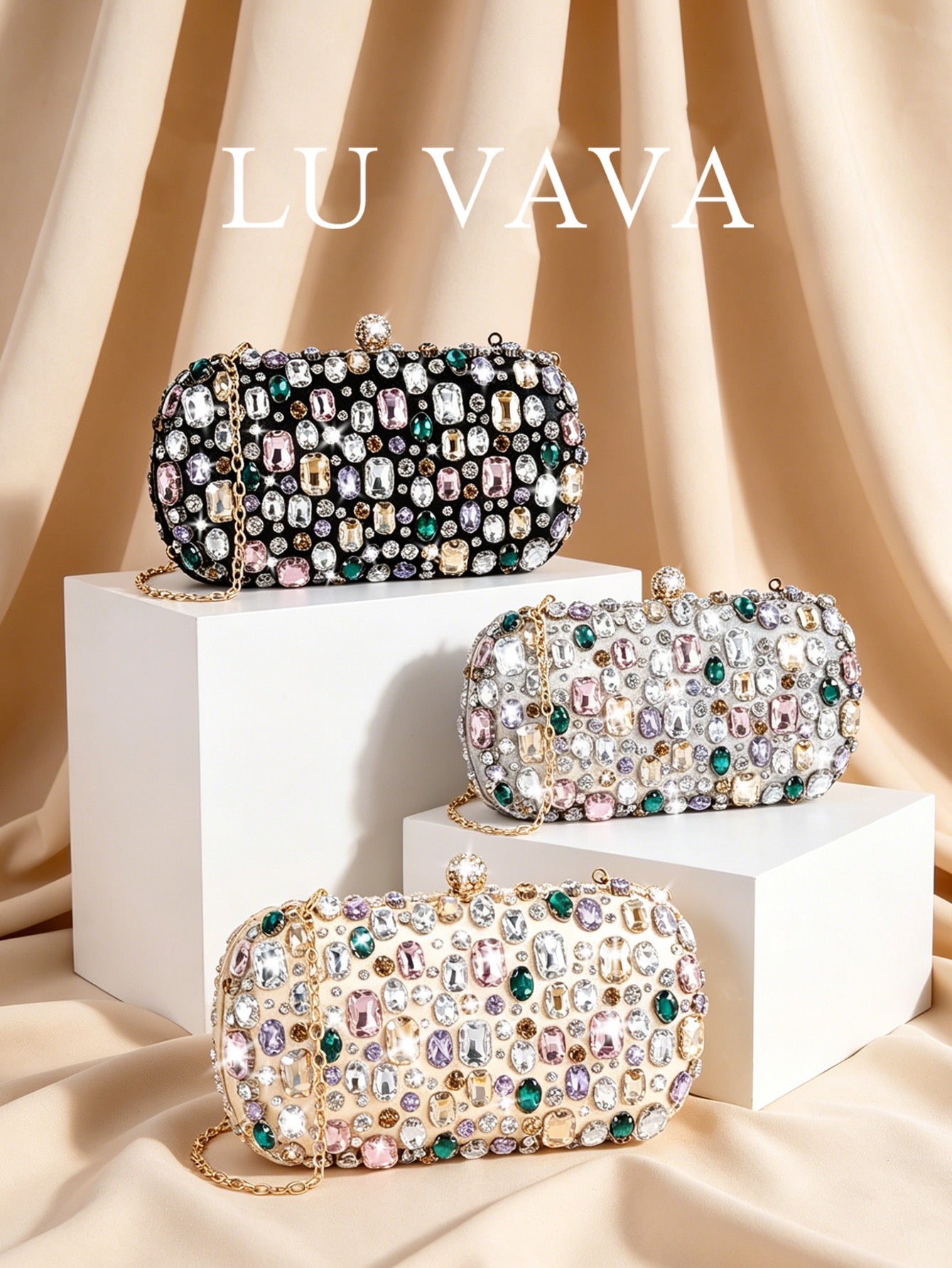 Ladies' evening bag, ladies' colored crystal evening bag - handmade diamond-studded evening bag with detachable chain