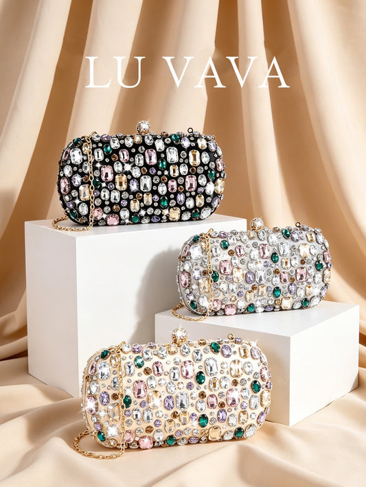 Ladies' evening bag, ladies' colored crystal evening bag - handmade diamond-studded evening bag with detachable chain