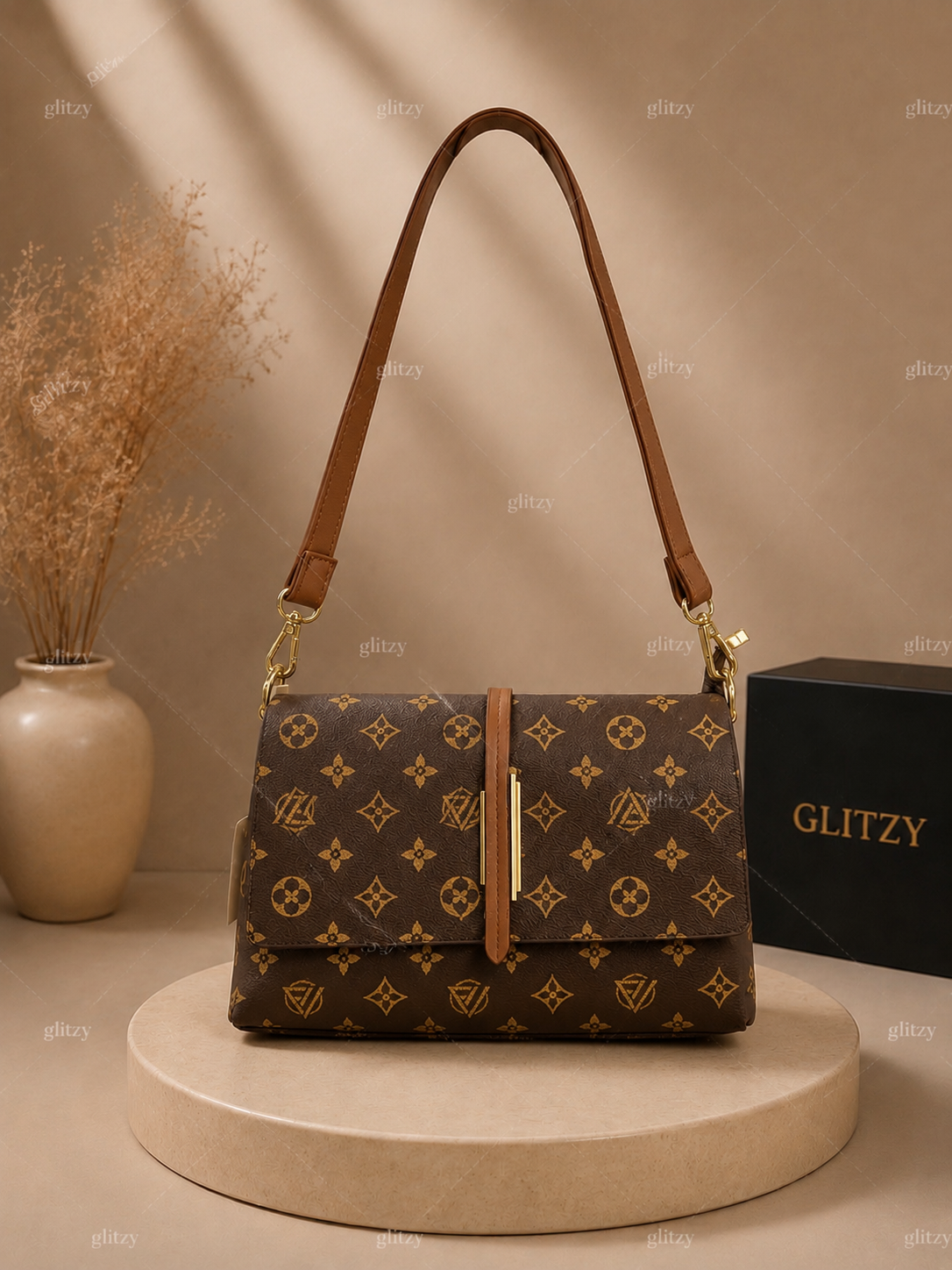 Beautiful printed imported shoulder sling bag available for regular use | glitzy Brown mono print