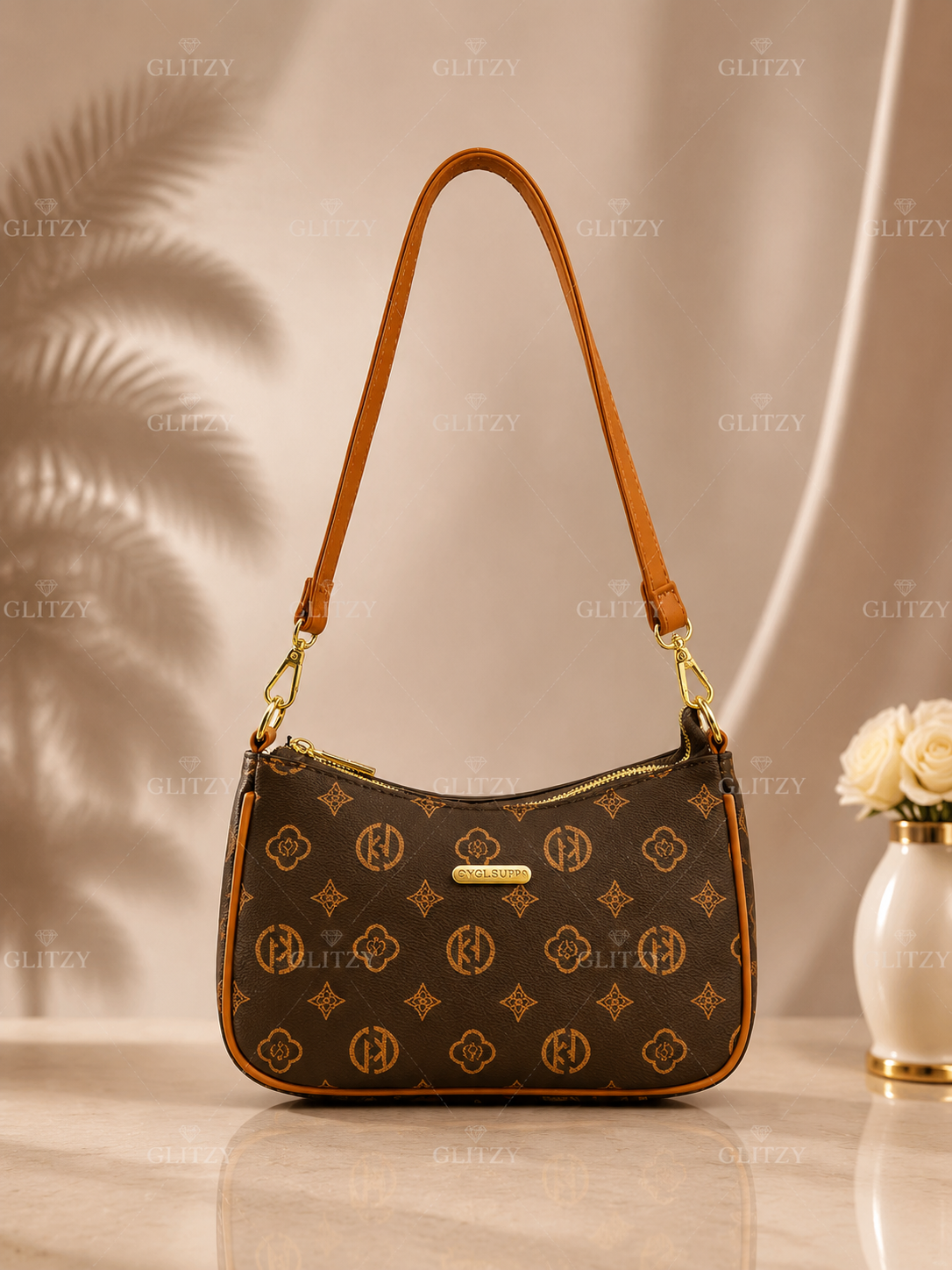 Fashionable YGLS shoulder sling bag and long strap. | GLITZY brown print